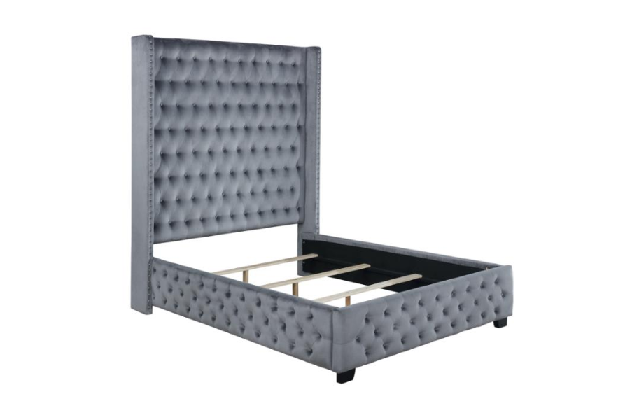 Cama tapizada con respaldo de alas estilo Eastern King de Rocori, color gris 306075KE