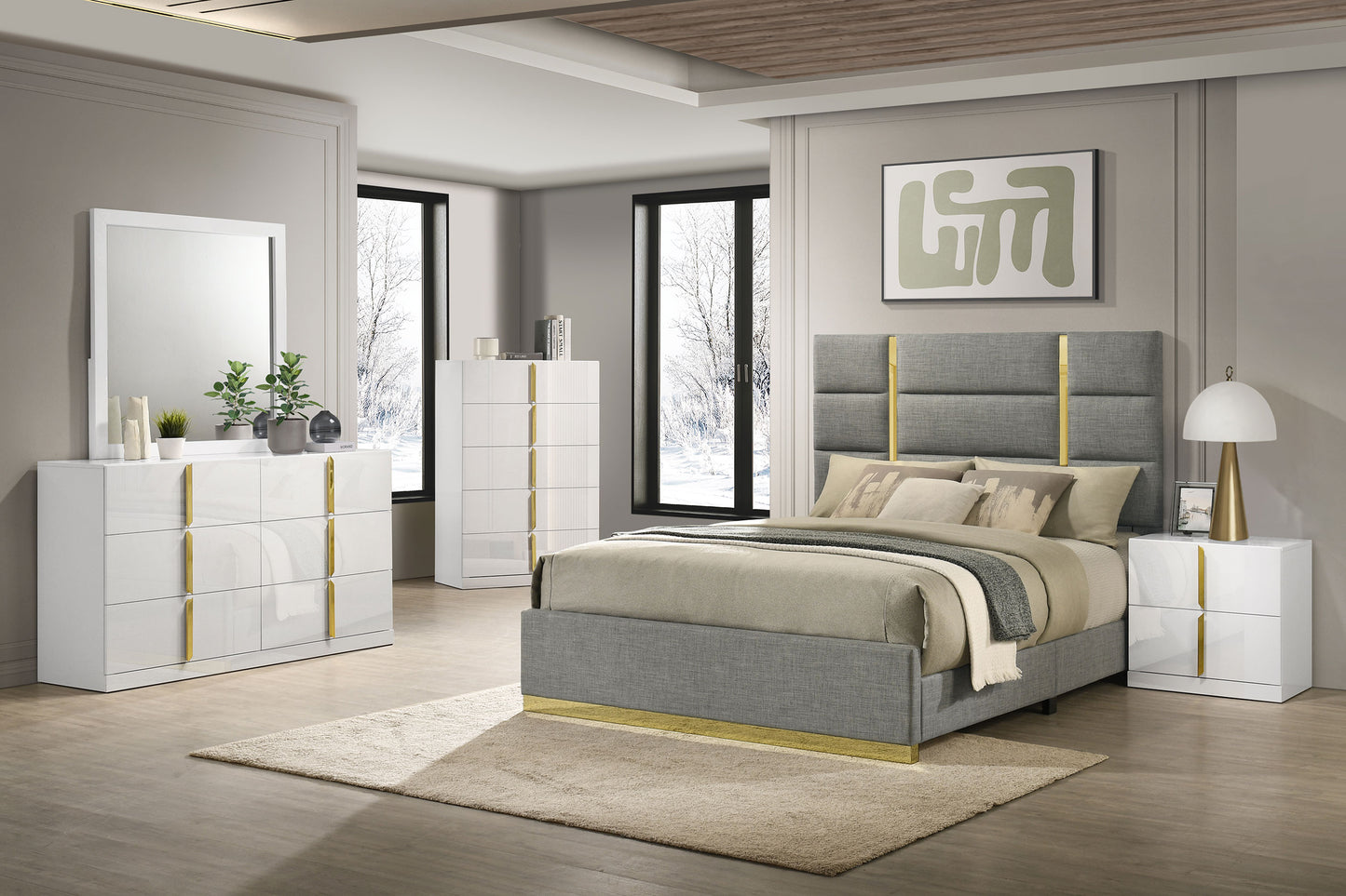Ines 56-Inch Fabric Upholstered Panel Bed – Gray Available in Queen & Eastern King - Venini Furniture