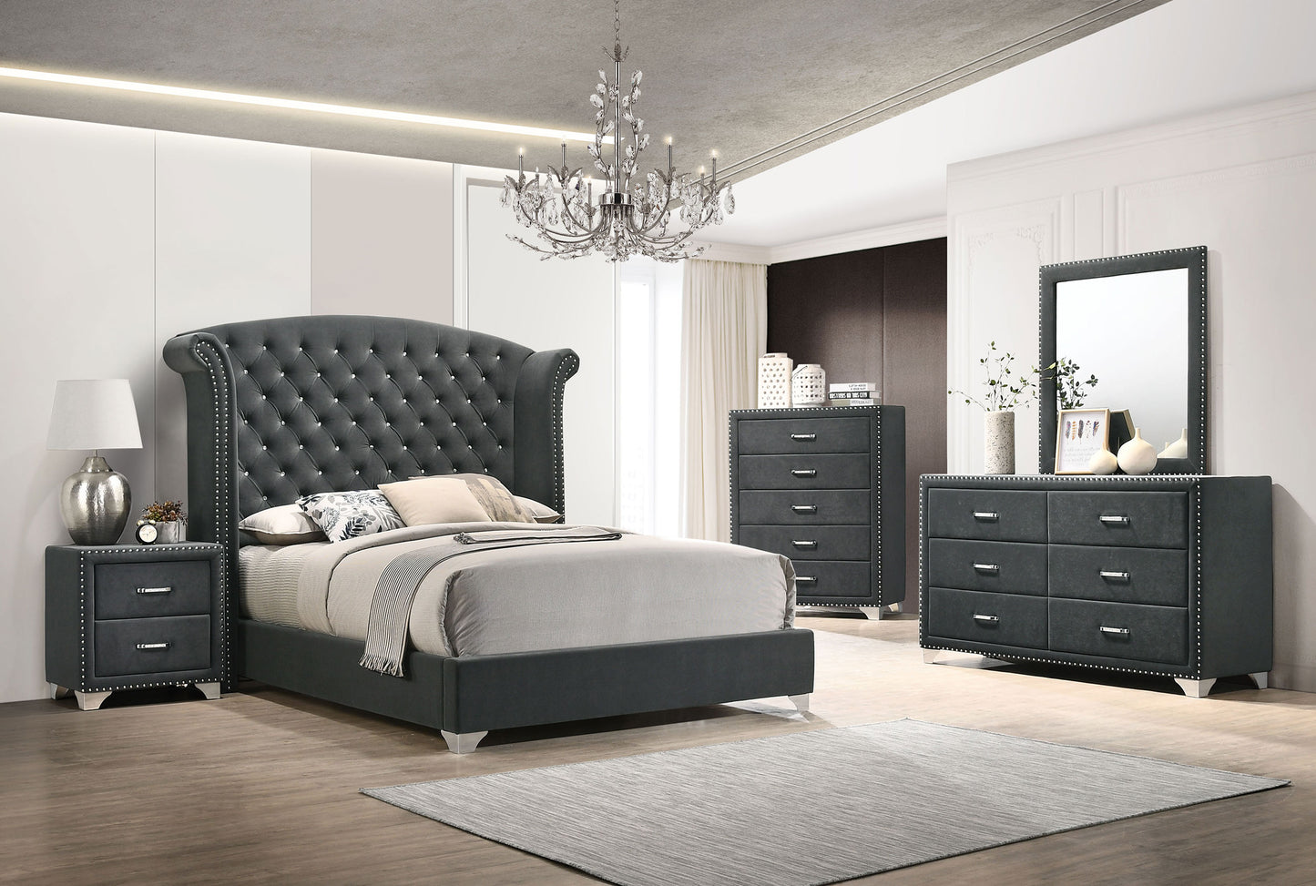 Melody 6-drawer Upholstered Dresser with Mirror Grey 223383M