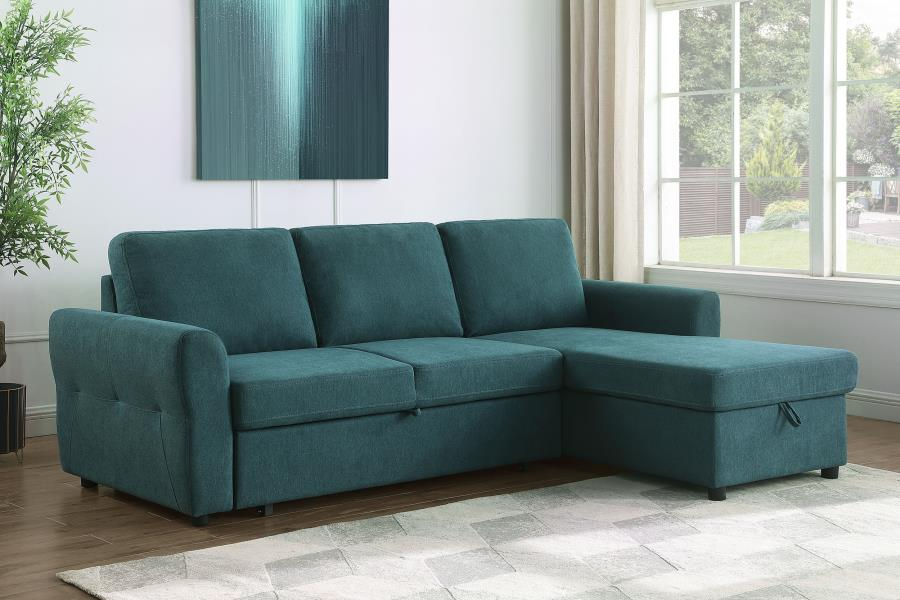 Sofá cama seccional tapizado con espacio de almacenaje Samantha, color verde azulado 511087