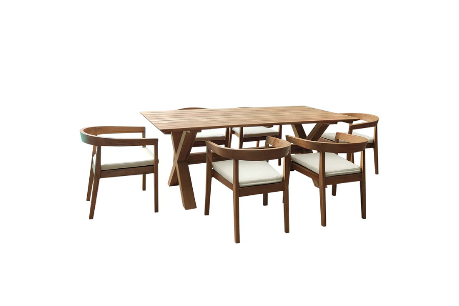 Panama Jack Bali Teak 7-Piece Rectangular Dining Table with Cushions SKU: PJO-3601-NAT-7DA-CUSH