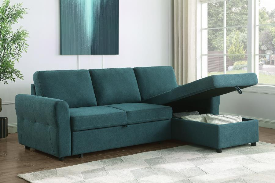 Sofá cama seccional tapizado con espacio de almacenaje Samantha, color verde azulado 511087