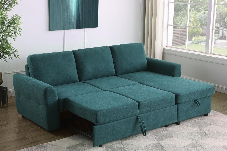 Sofá cama seccional tapizado con espacio de almacenaje Samantha, color verde azulado 511087