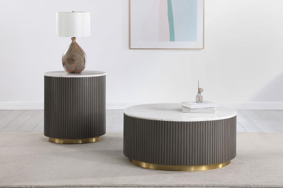 Jason Round Marble Top Coffee Table White and Charcoal 710418 - Venini Furniture