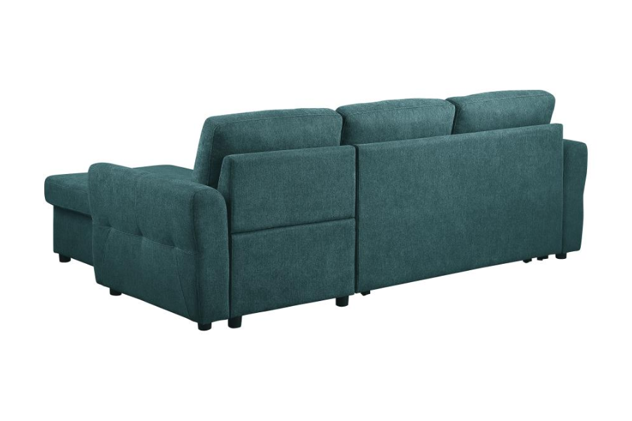 Sofá cama seccional tapizado con espacio de almacenaje Samantha, color verde azulado 511087
