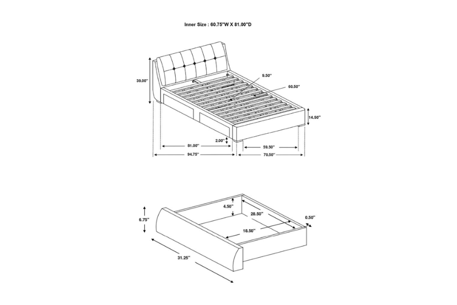 Cama Queen con paneles de almacenaje tapizados Fenbrook en gris 300523Q