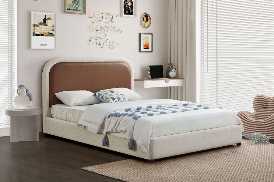 Blake Two Tone Faux Leather and Linen Textured Fabric Bed SKU: Blake-F