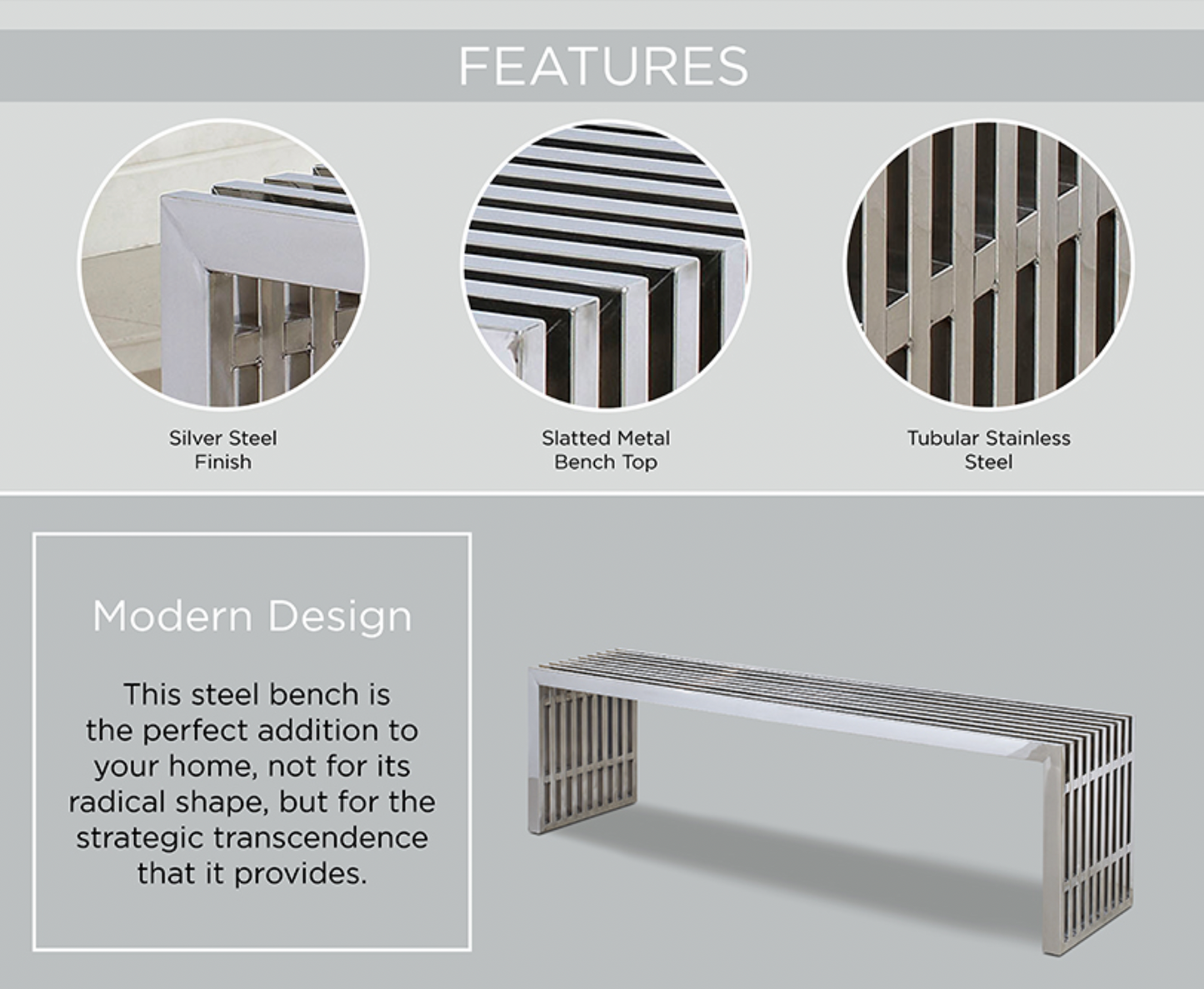 Gridiron Large Stainless Steel Bench in Silver FREE SHIPPING.