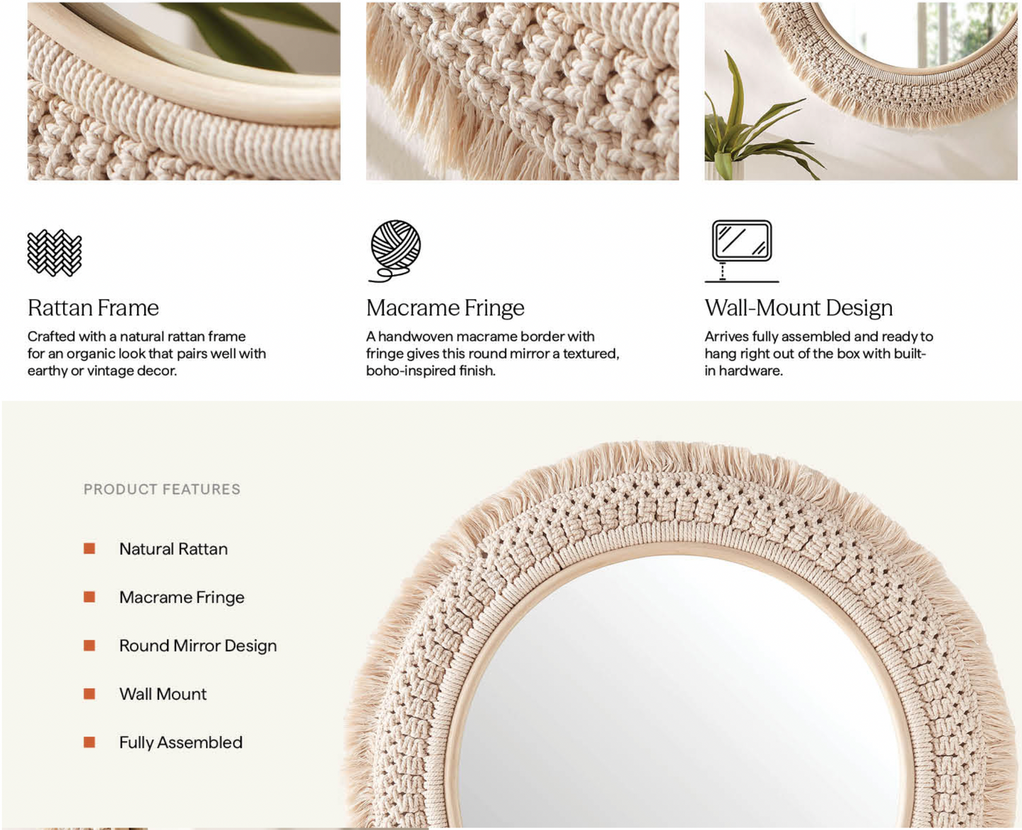 Jade Round Rattan Macrame Wall Mirror in Natural FREE SHIPPING.