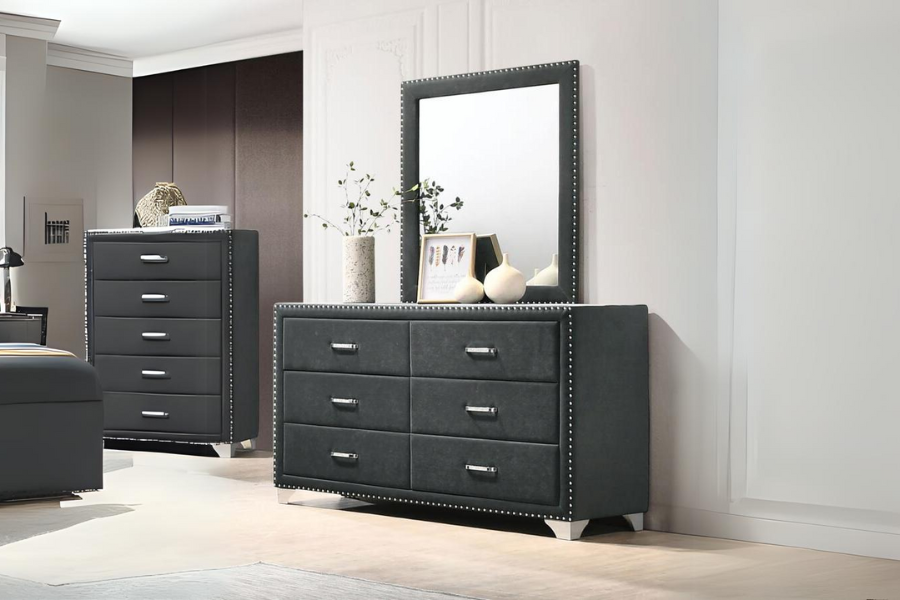 Melody 6-drawer Upholstered Dresser with Mirror Grey 223383M Melody 6-drawer Upholstered Dresser with Mirror Grey 223383M