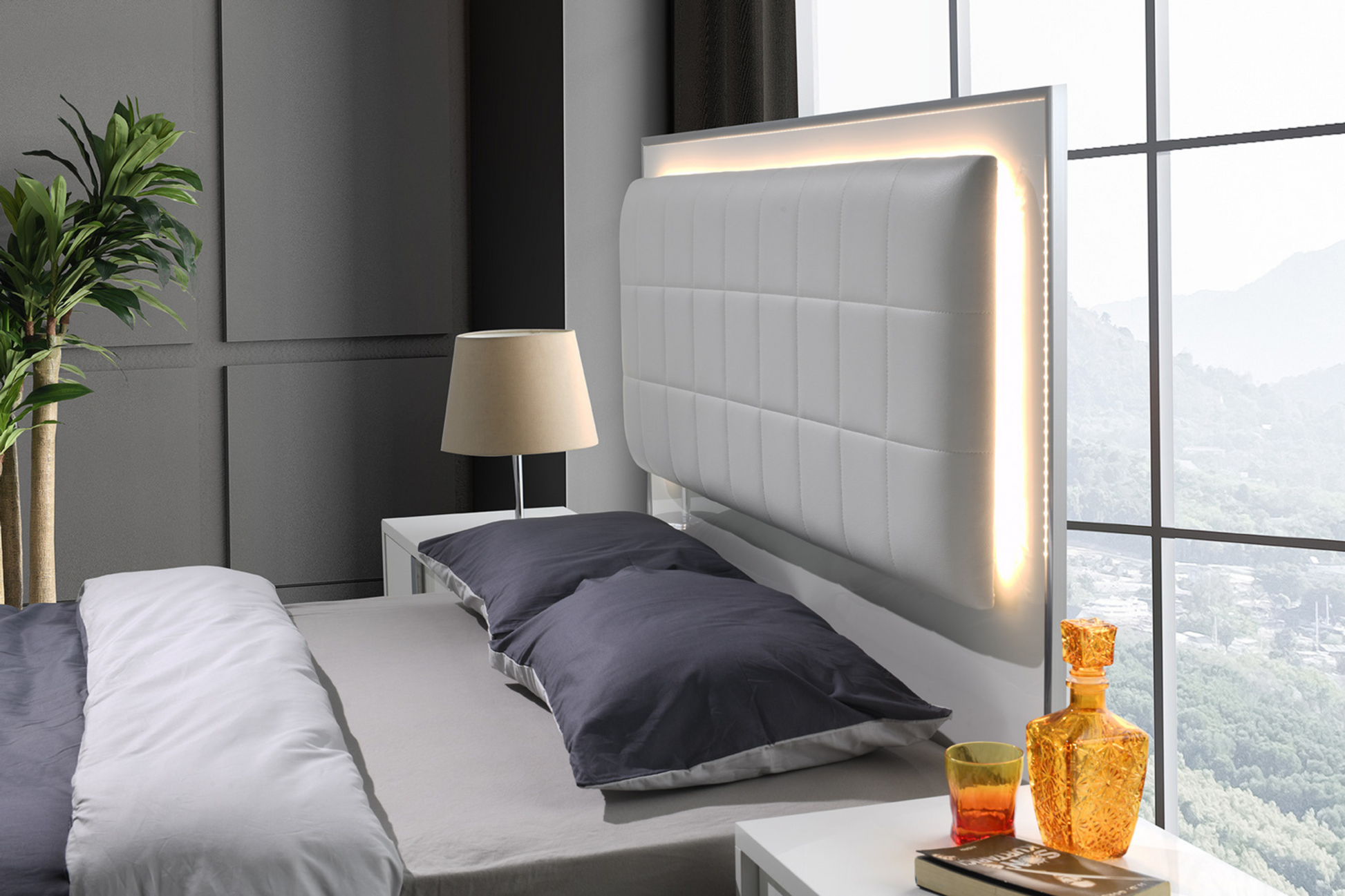 elegant platform bed in white with led lighting