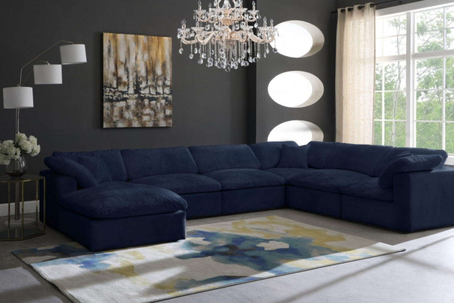 Cozy Velvet Modular Fiber Filled Cloud-Like Comfort Overstuffed Reversible Sectional SKU: 634-Sec7A - Venini Furniture