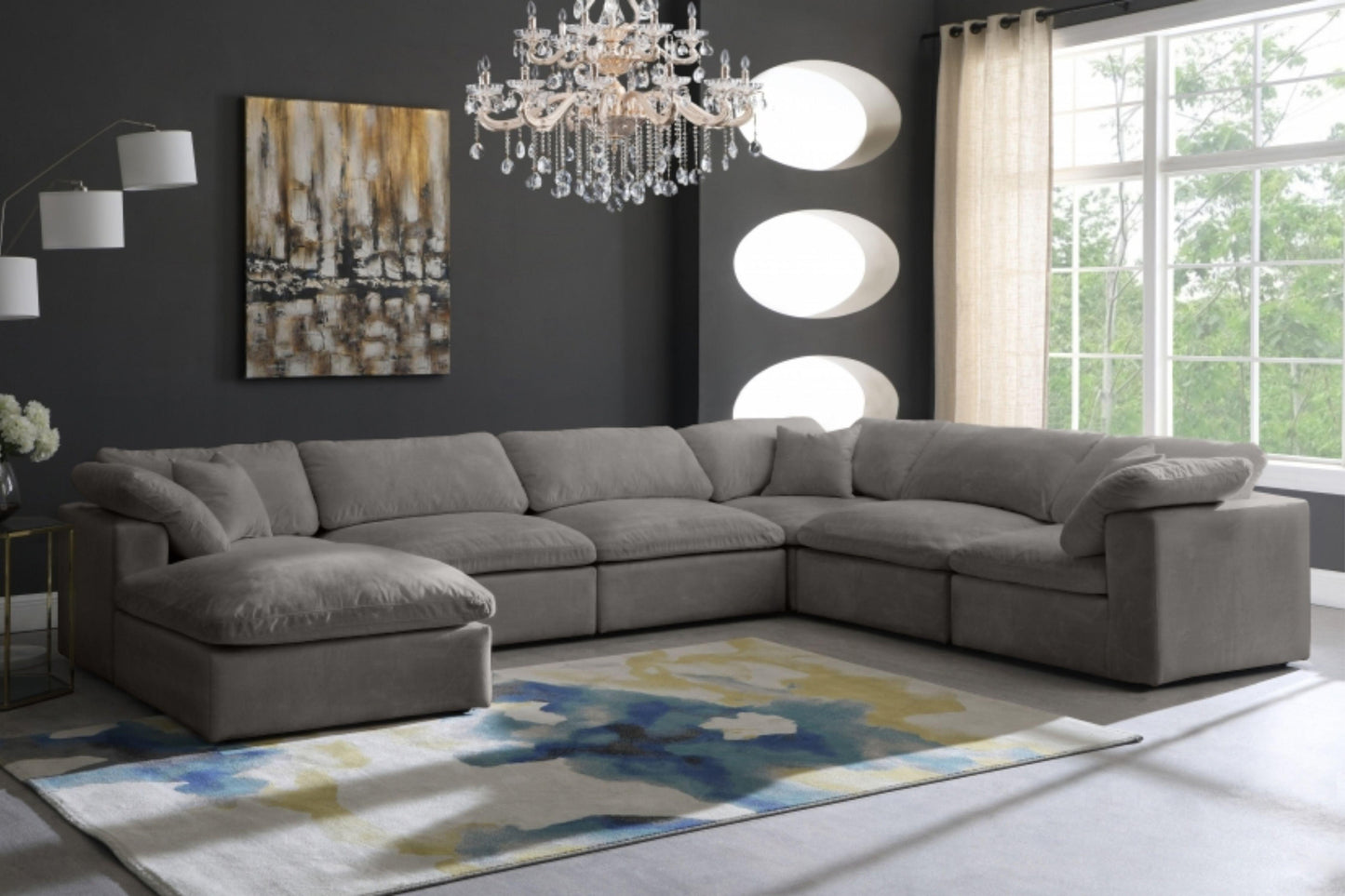 Cozy Velvet Modular Fiber Filled Cloud-Like Comfort Overstuffed Reversible Sectional SKU: 634-Sec7A - Venini Furniture