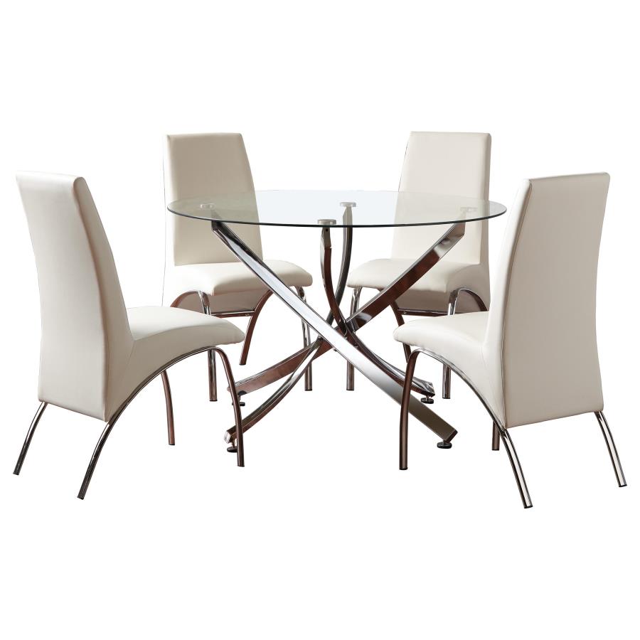 Beckham 5-piece Round Glass Top Dining Set Chrome and White