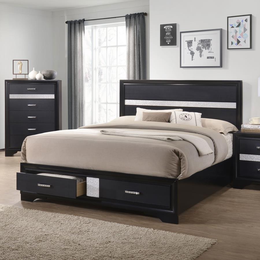 Cama Queen con paneles de almacenaje de madera Miranda, color negro 206361Q 