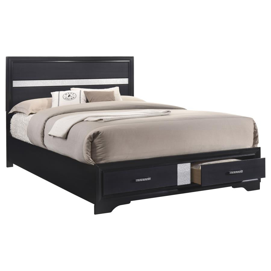 Cama Queen con paneles de almacenaje de madera Miranda, color negro 206361Q 
