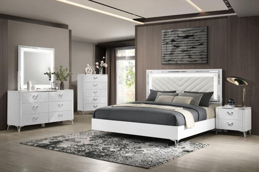 Cassia 4 or 5 piece Eastern King LED Bedroom Set White High Gloss