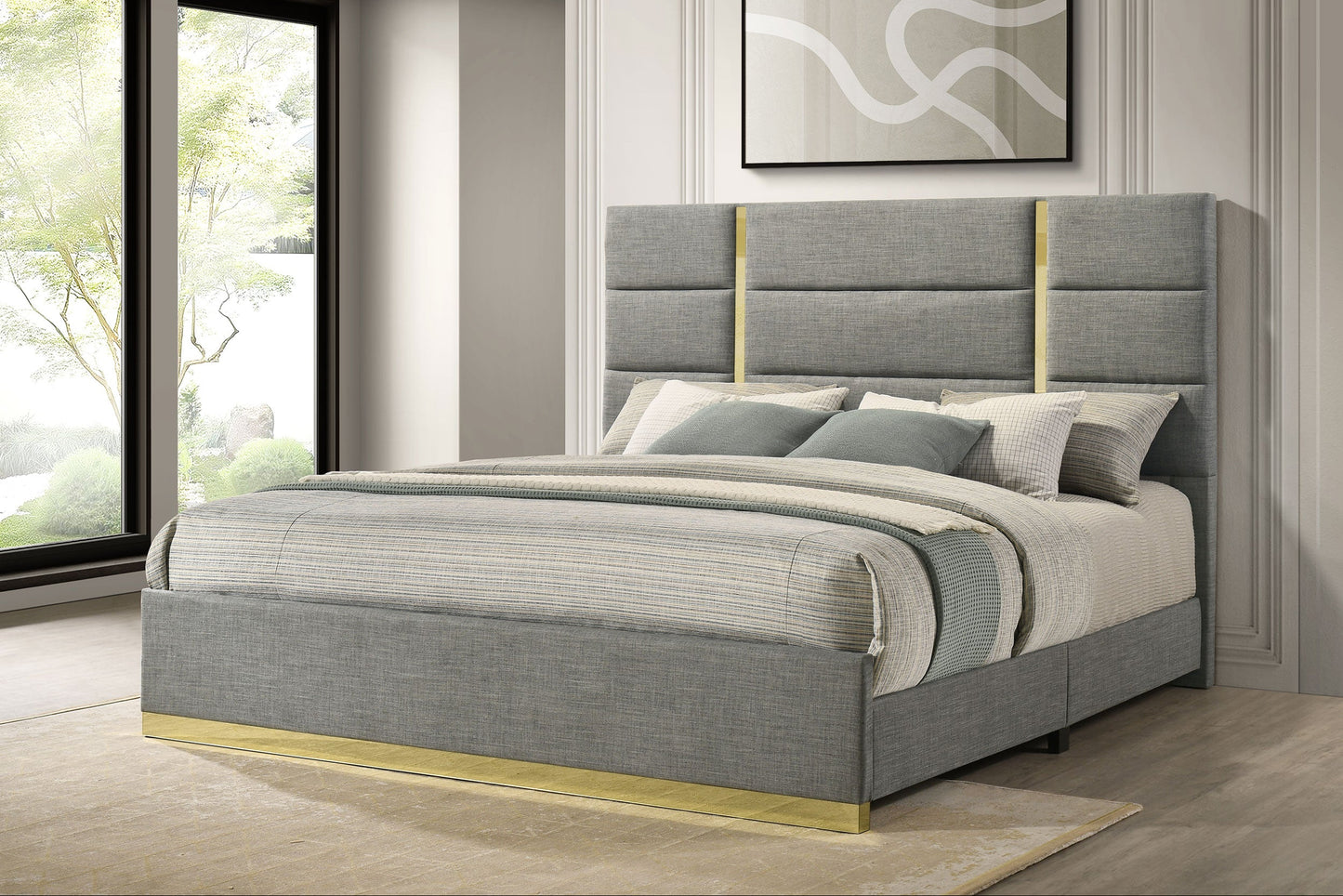 Ines 56-Inch Fabric Upholstered Panel Bed – Gray Available in Queen & Eastern King - Venini Furniture 