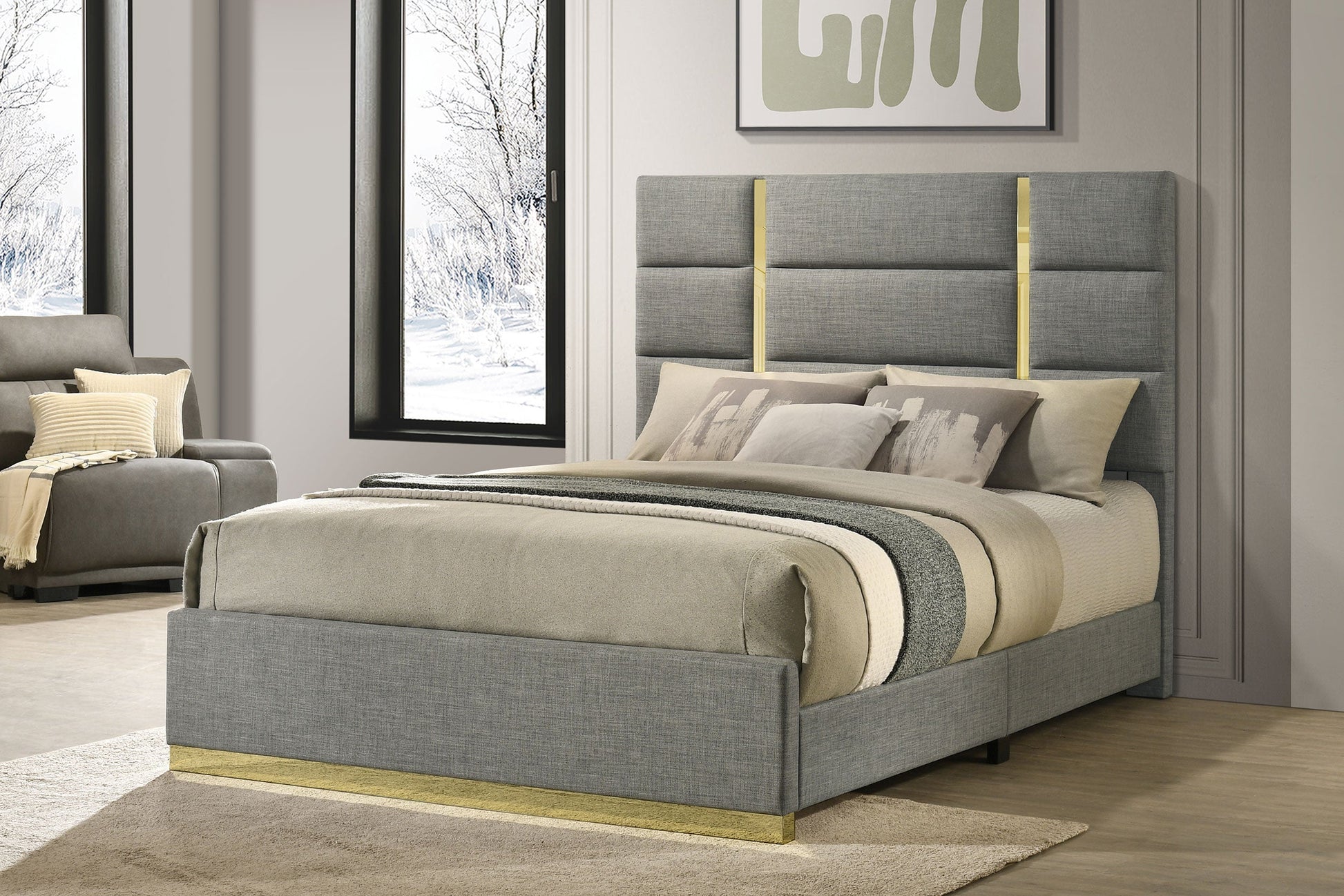Ines 56-Inch Fabric Upholstered Panel Bed – Gray Available in Queen & Eastern King - Venini Furniture 