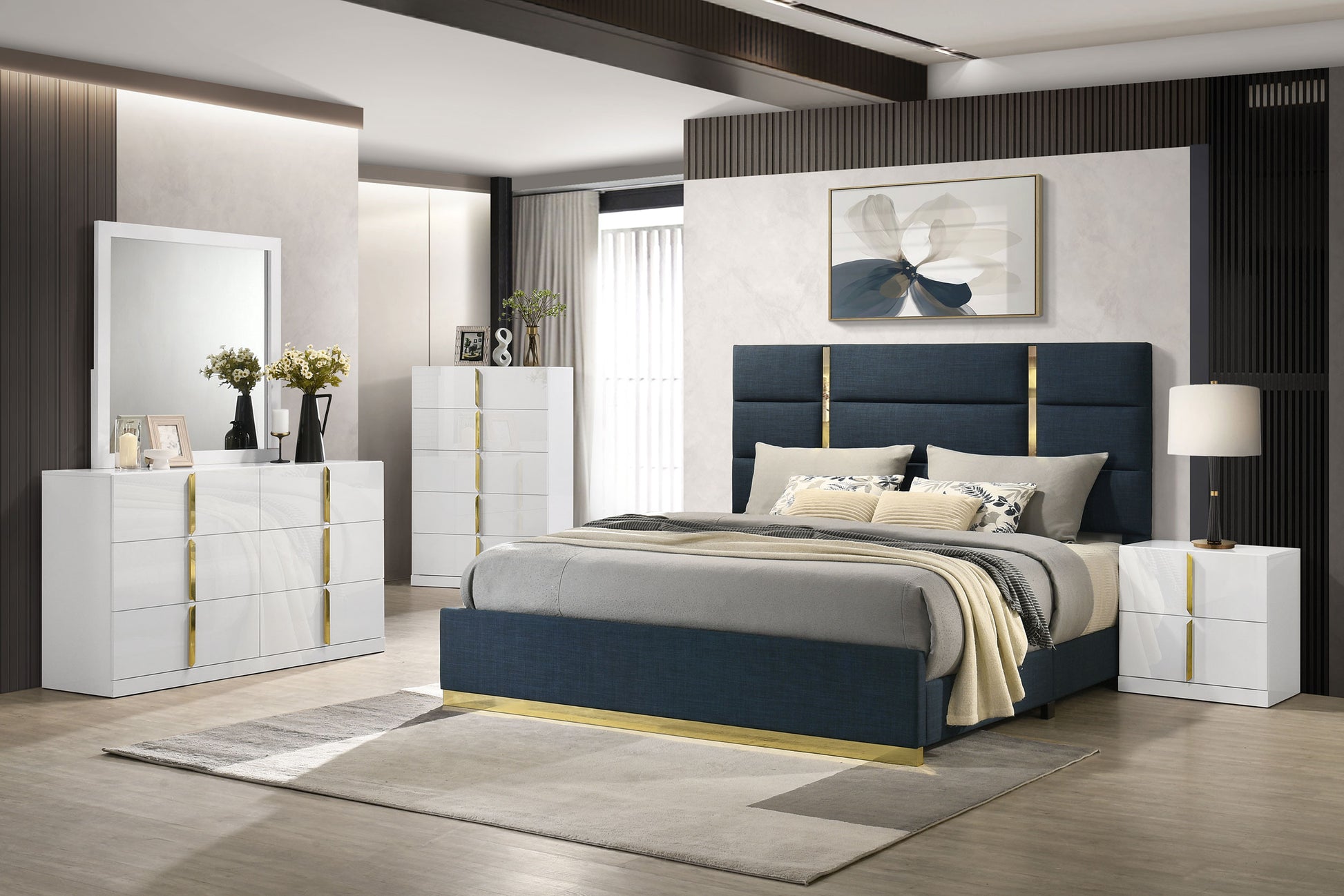 Ines 56-Inch Fabric Upholstered Panel Bed – Navy Available in Queen & Eastern King - Venini Furniture 