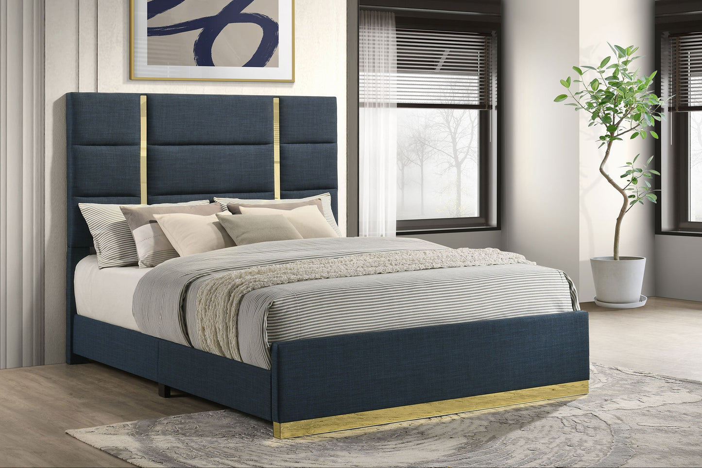 Ines 56-Inch Fabric Upholstered Panel Bed – Navy Available in Queen & Eastern King - Venini Furniture 