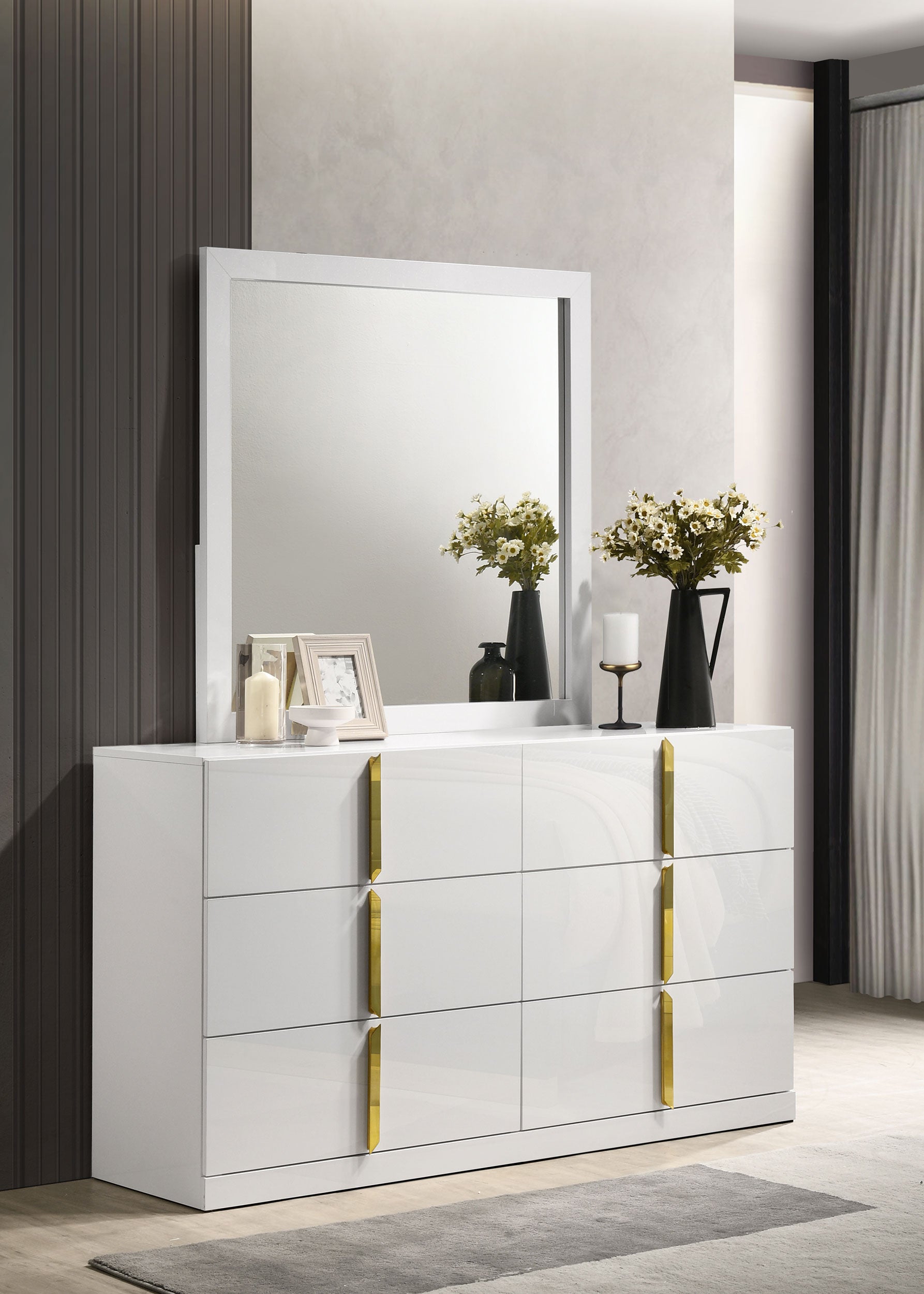 Ines 6-drawer Bedroom Dresser with Mirror White High Gloss 223093M - Venini Furniture 