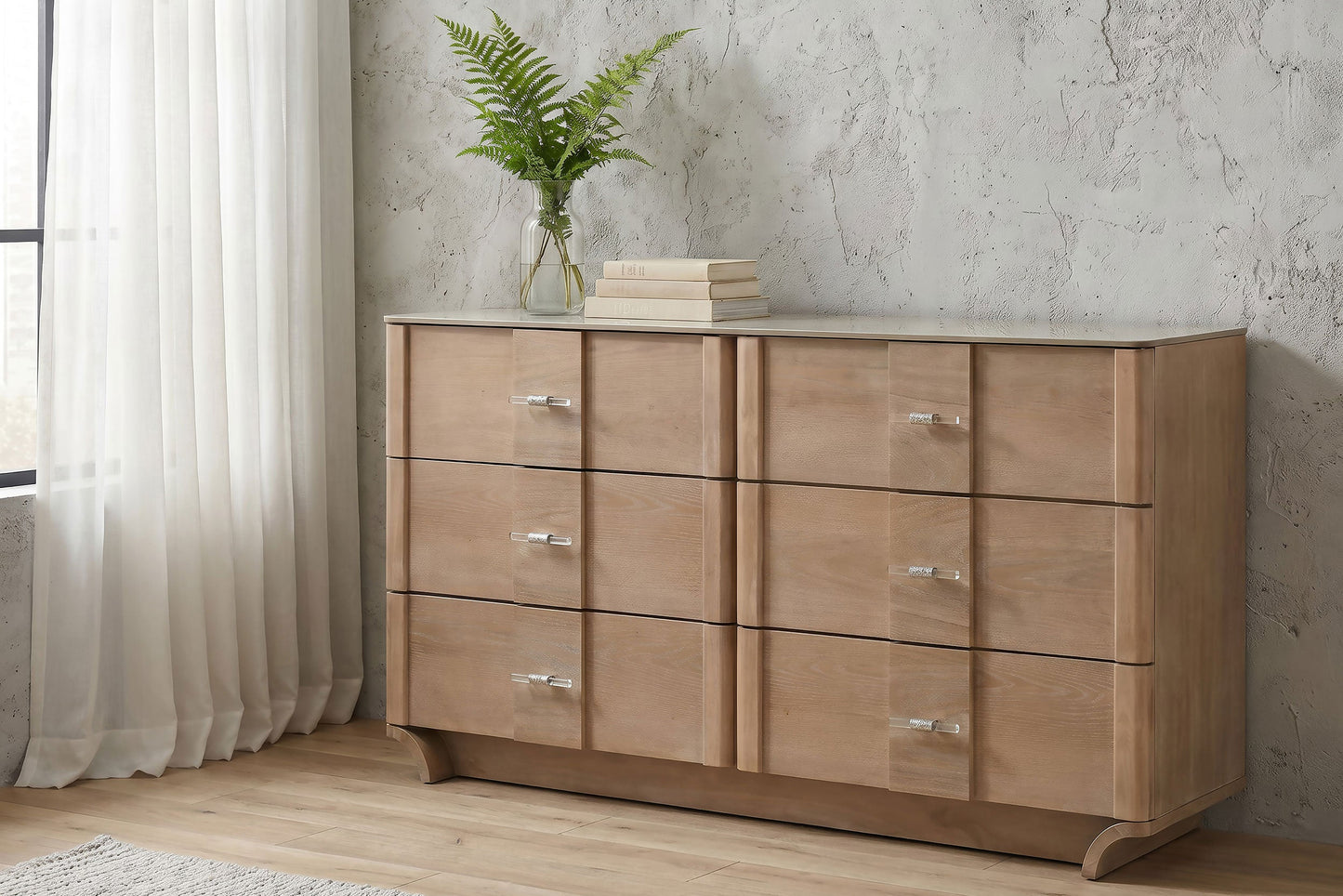 Leanne 6-drawer Sinter Stone Top Dresser Cabinet Light Oak 223133