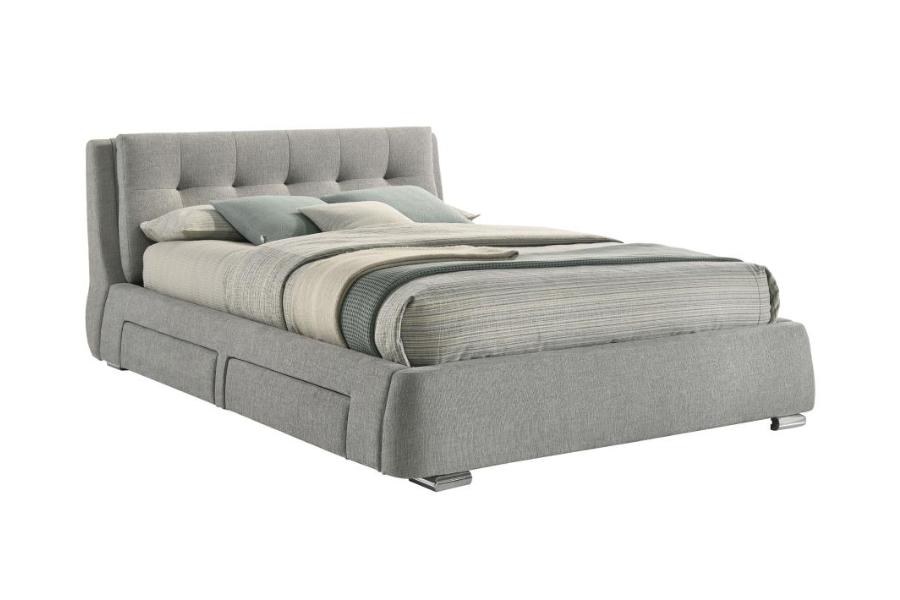 Cama Queen con paneles de almacenaje tapizados Fenbrook en gris 300523Q 