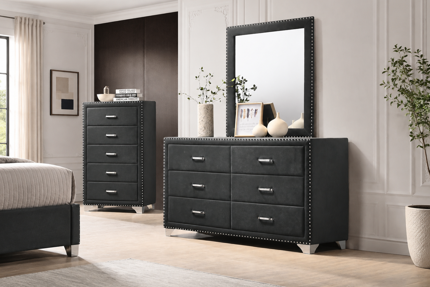 Melody 6-drawer Upholstered Dresser with Mirror Grey 223383M