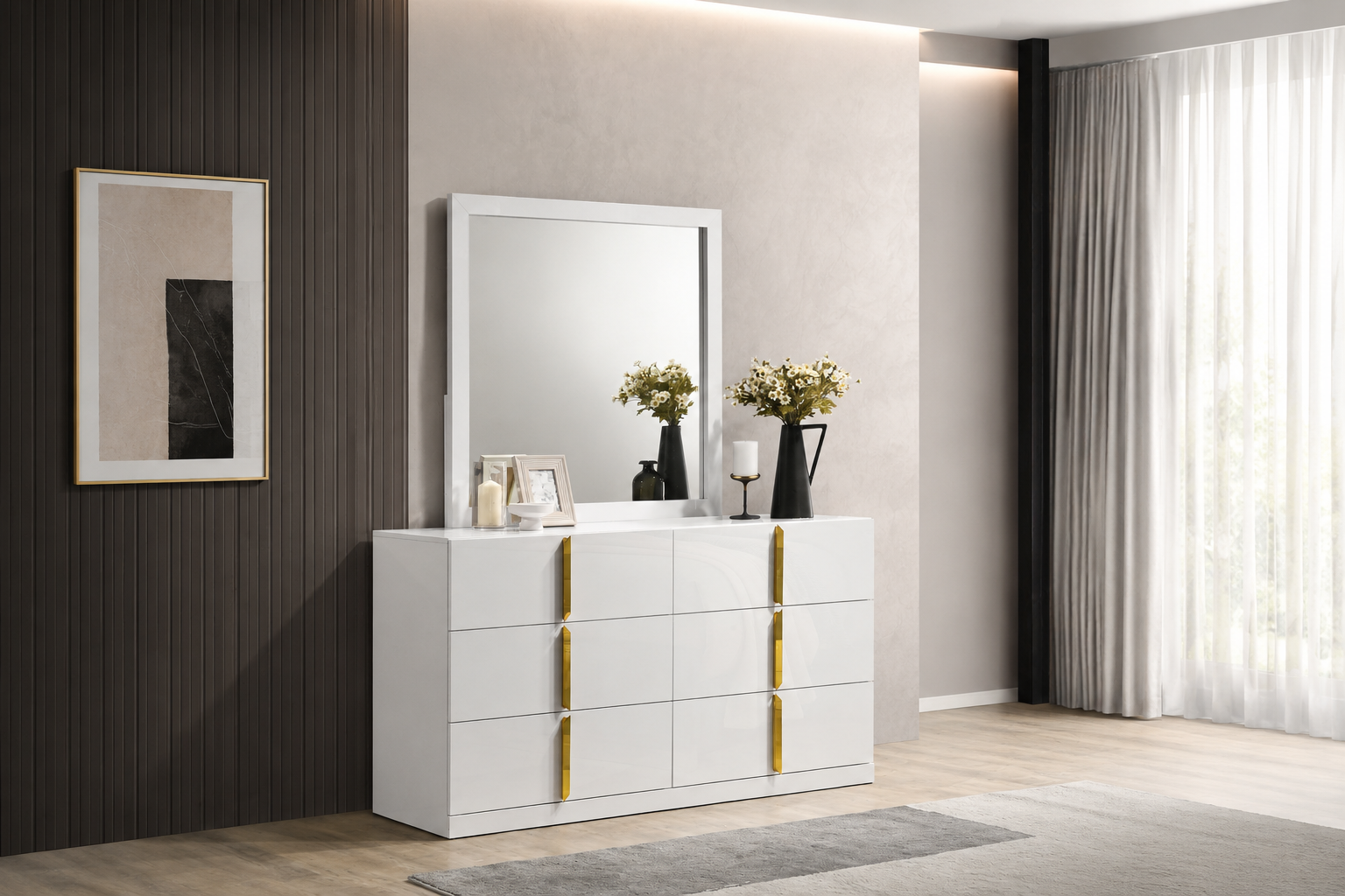 Ines 6-drawer Bedroom Dresser with Mirror White High Gloss 223093M - Venini Furniture 