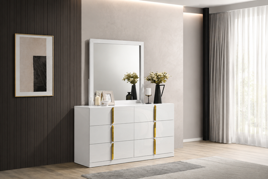 Ines 6-drawer Bedroom Dresser with Mirror White High Gloss 223093M - Venini Furniture 