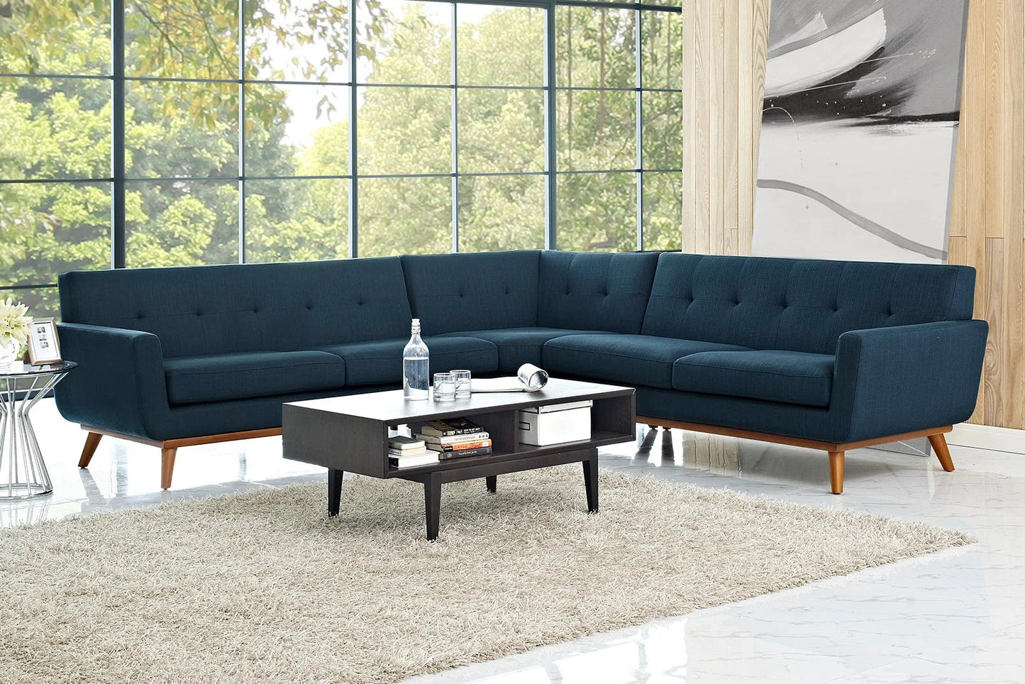 Engage L-Shaped Upholstered Fabric Sectional Sofa in Azure FREE SHIPPING.