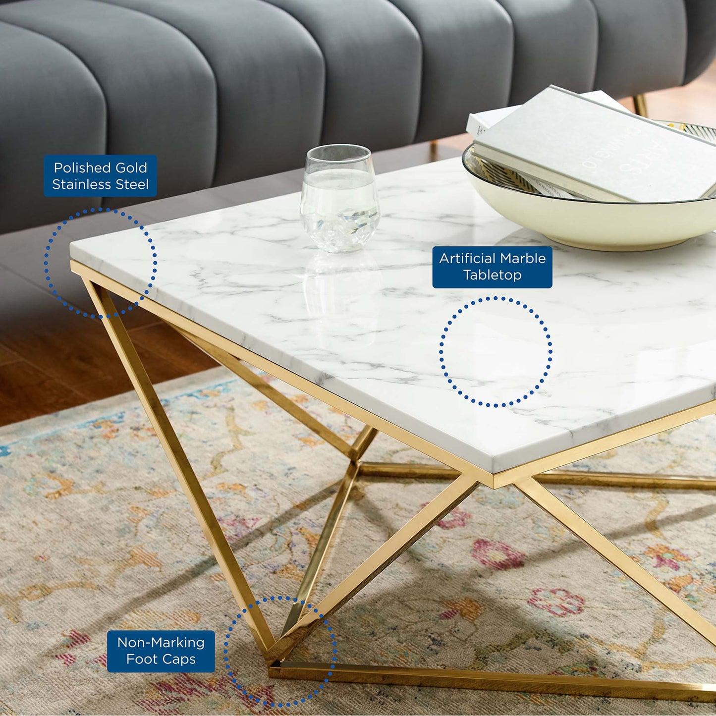 Vertex Gold Metal Stainless Steel Coffee Table in Gold White FREE SHIPPING.