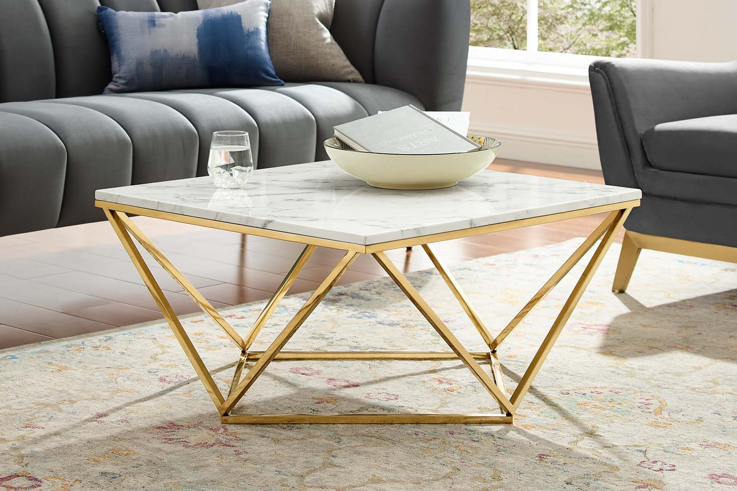Vertex Gold Metal Stainless Steel Coffee Table in Gold White FREE SHIPPING.