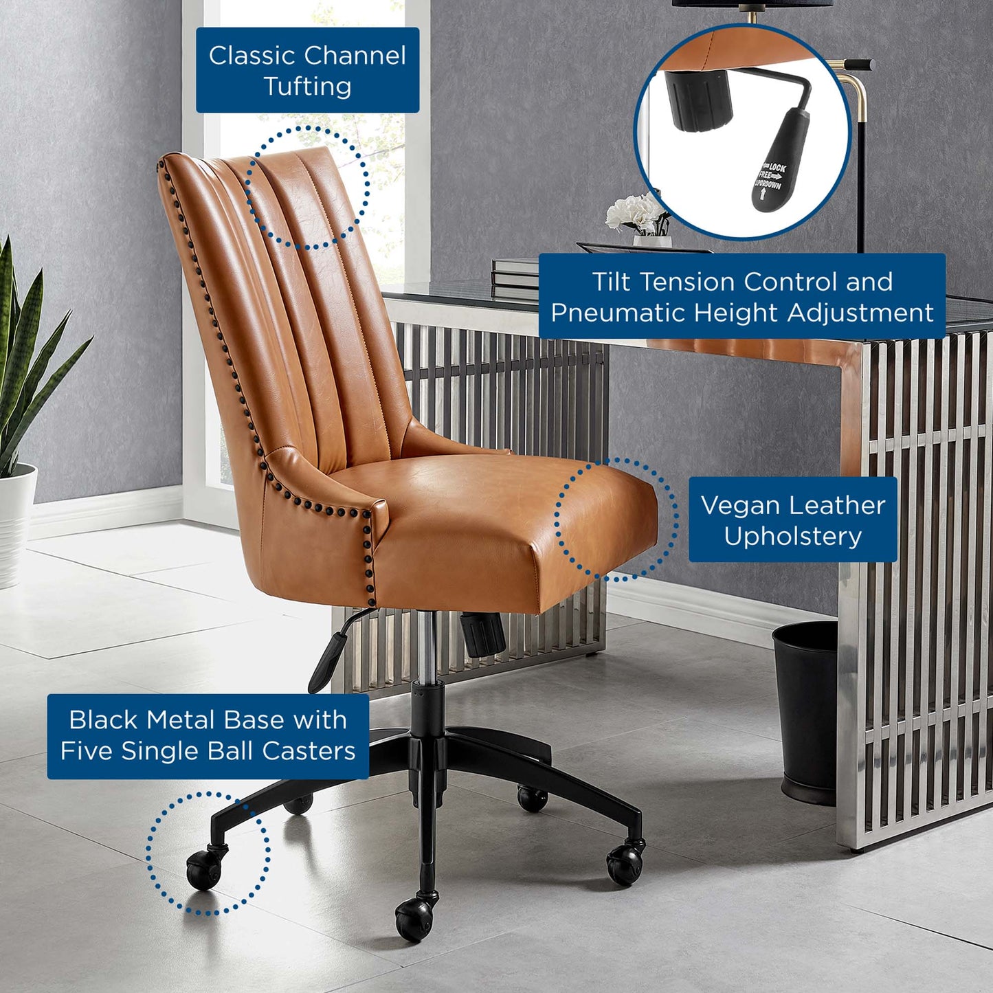 Empower Channel Tufted Vegan Leather Office Chair in Black Tan FREE SHIPPING.