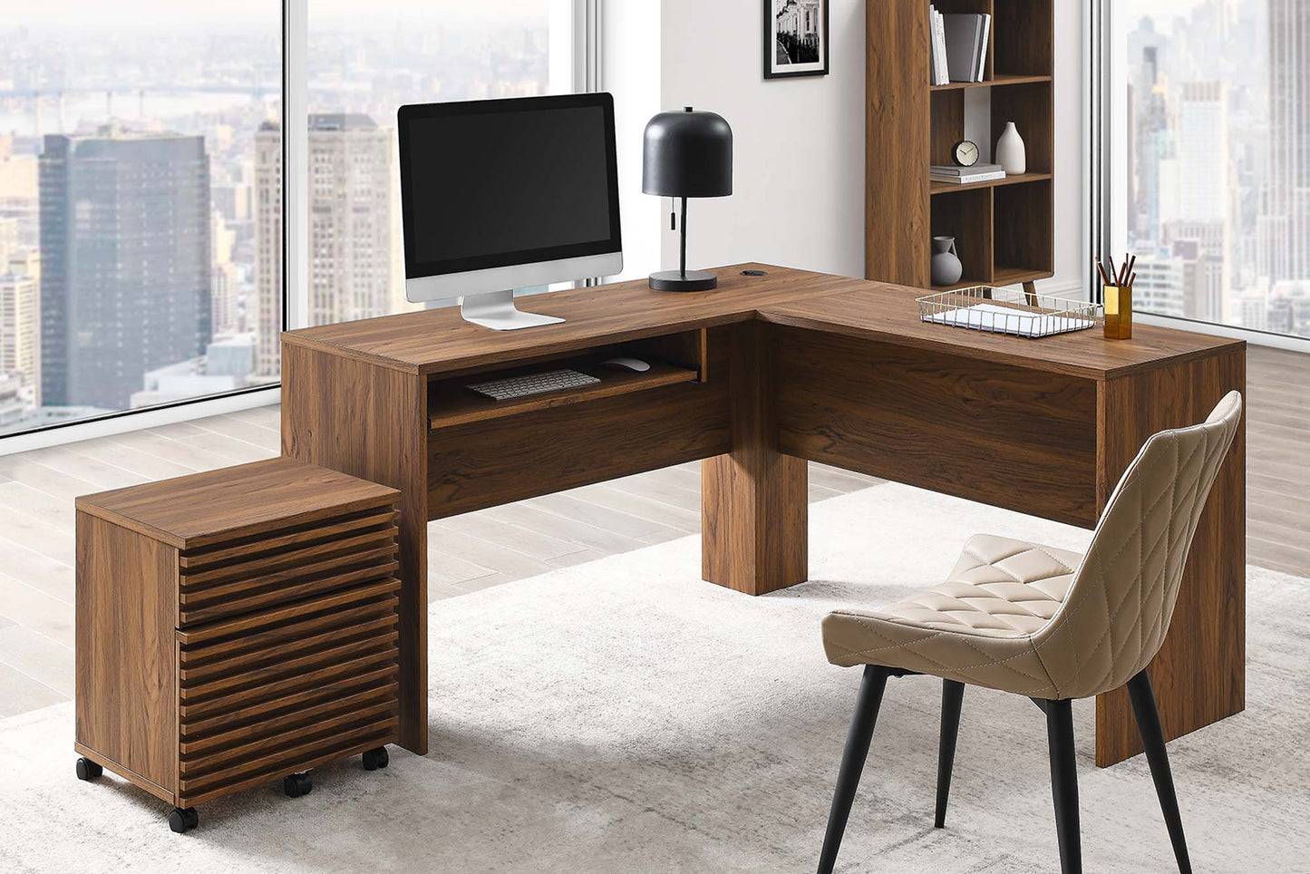 Render Wood Desk and File Cabinet Set in Walnut FREE SHIPPING.