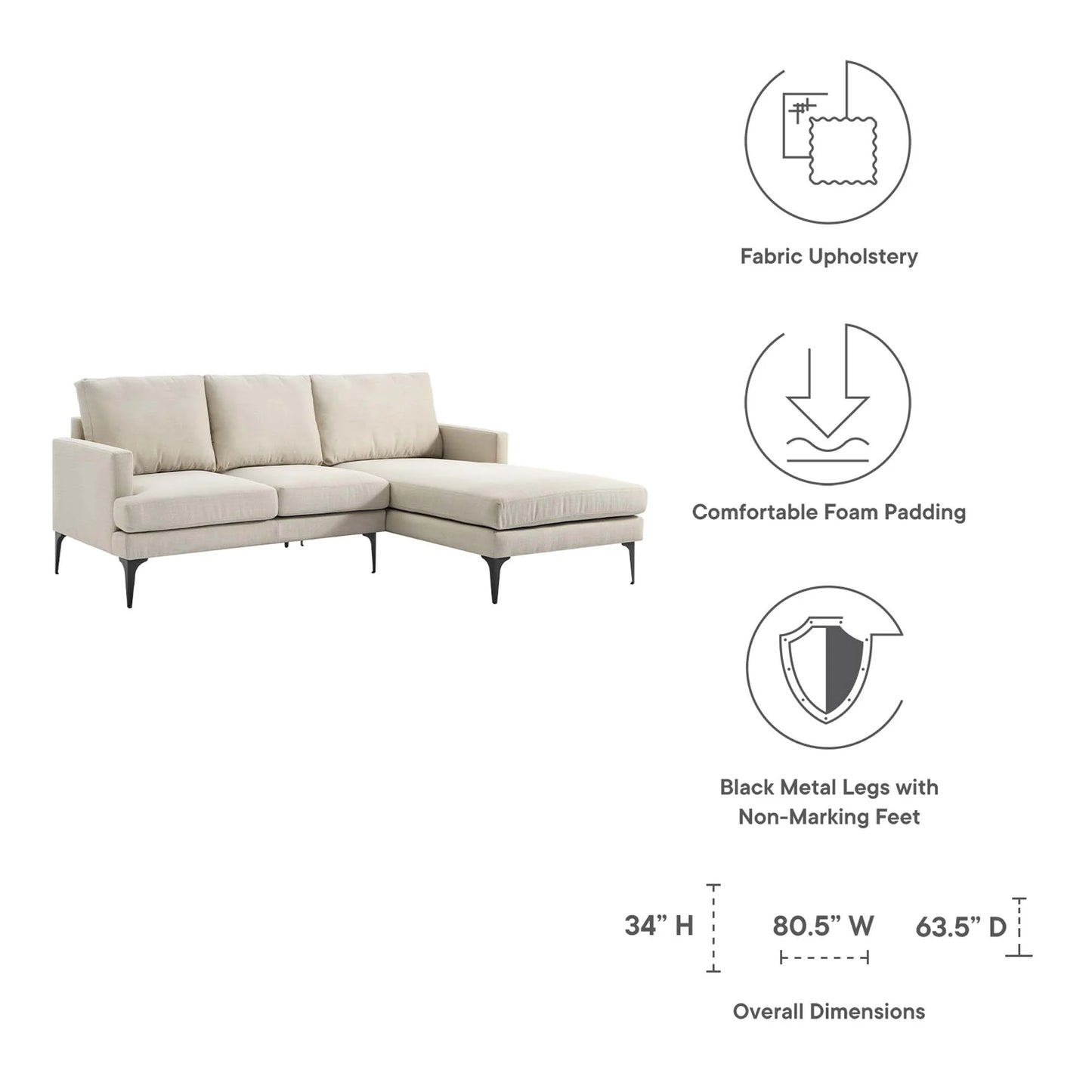 Evermore Right-Facing Upholstered Fabric Sectional Sofa FREE SHIPPING.