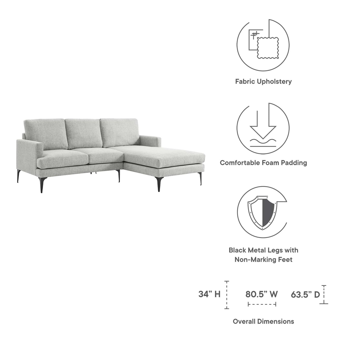 Evermore Right-Facing Upholstered Fabric Sectional Sofa FREE SHIPPING.