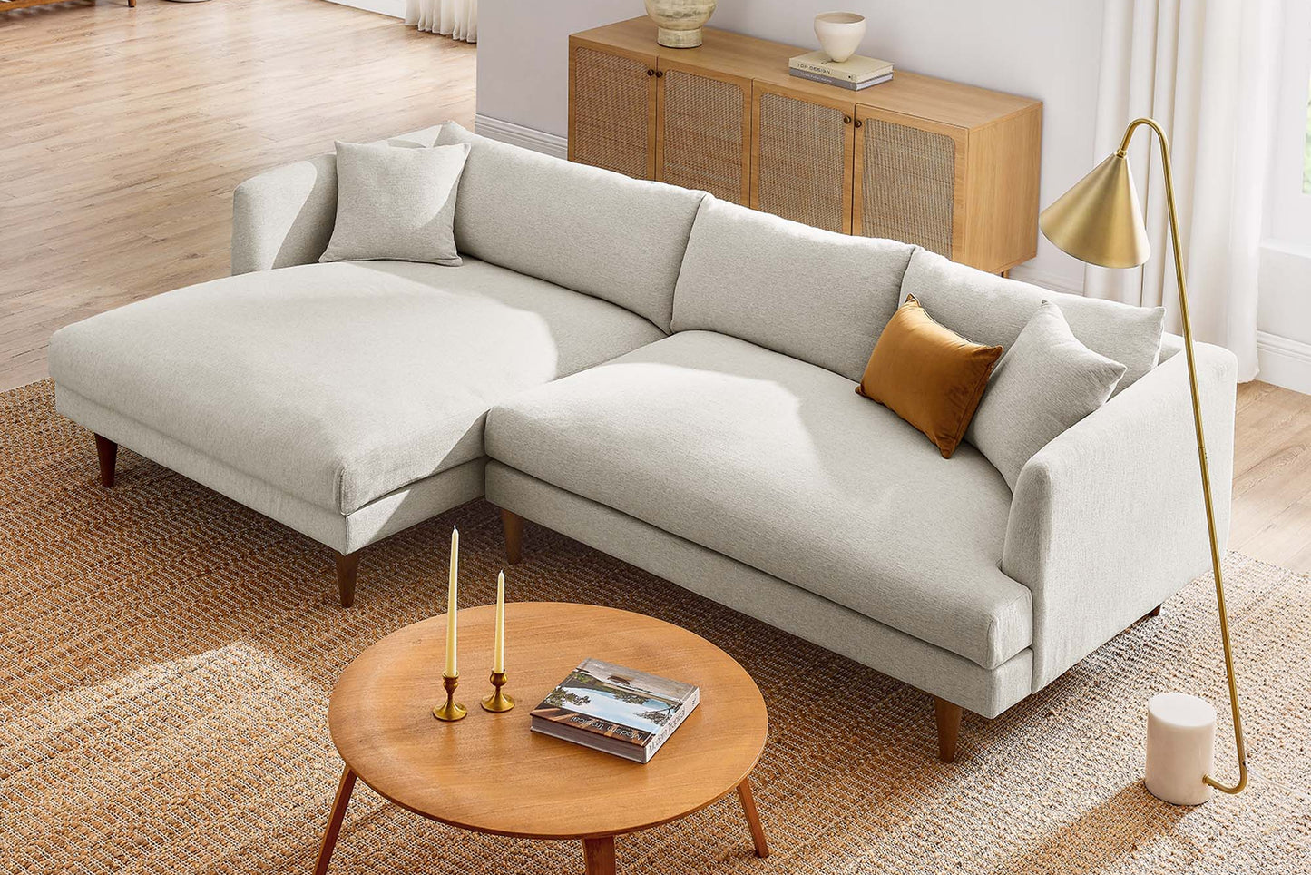 Zoya Left-Facing Down Filled Overstuffed Sectional Sofa in Heathered Weave Ivory FREE SHIPPING.