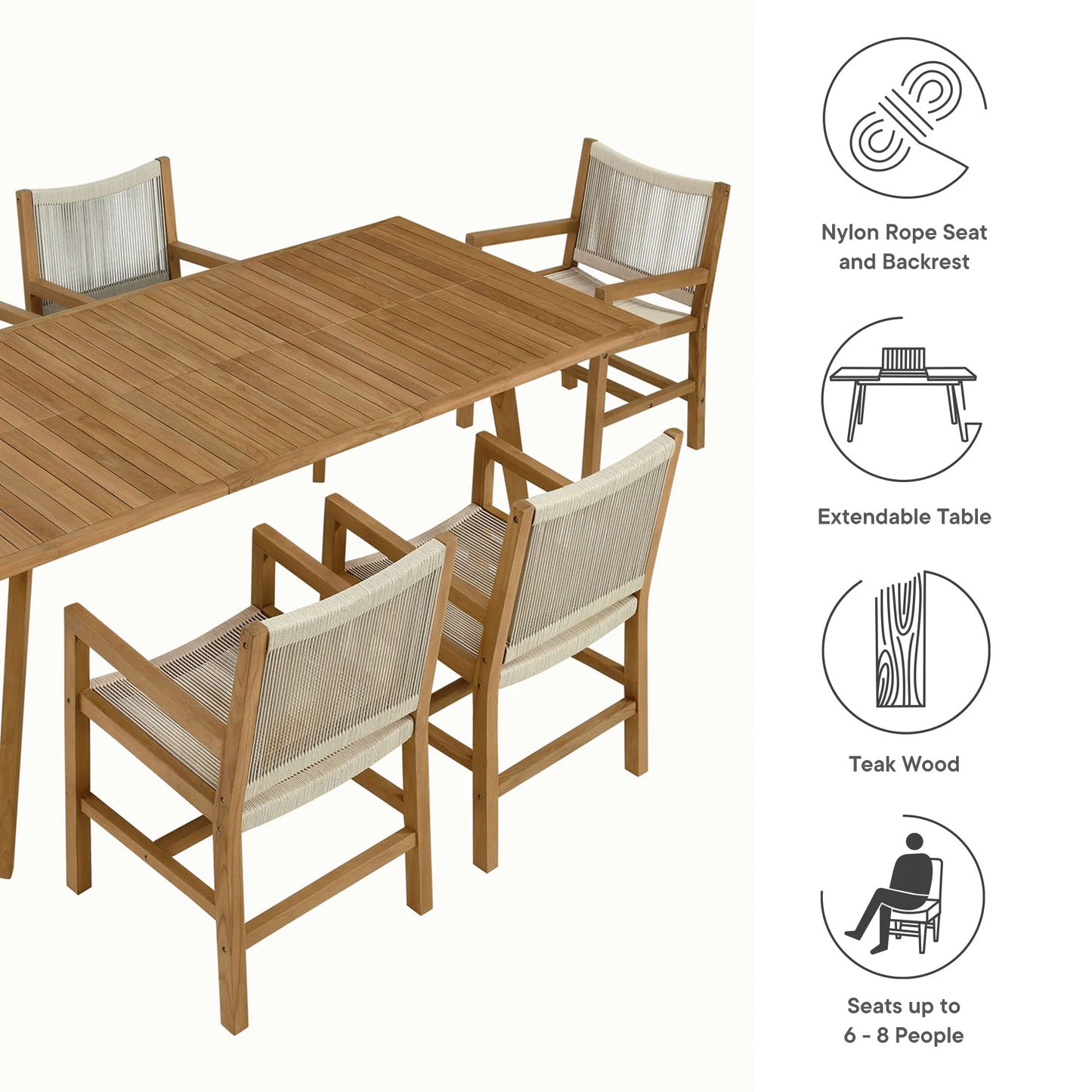 Vienna 7-Piece Outdoor Patio Teak and Rope Dining Set with Armless Chairs FREE SHIPPING.