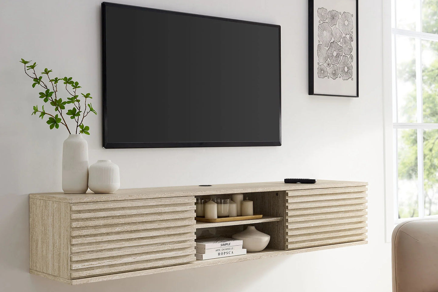 Render 70" Faux Travertine Wall-Mount Media Console TV Stand in Travertine