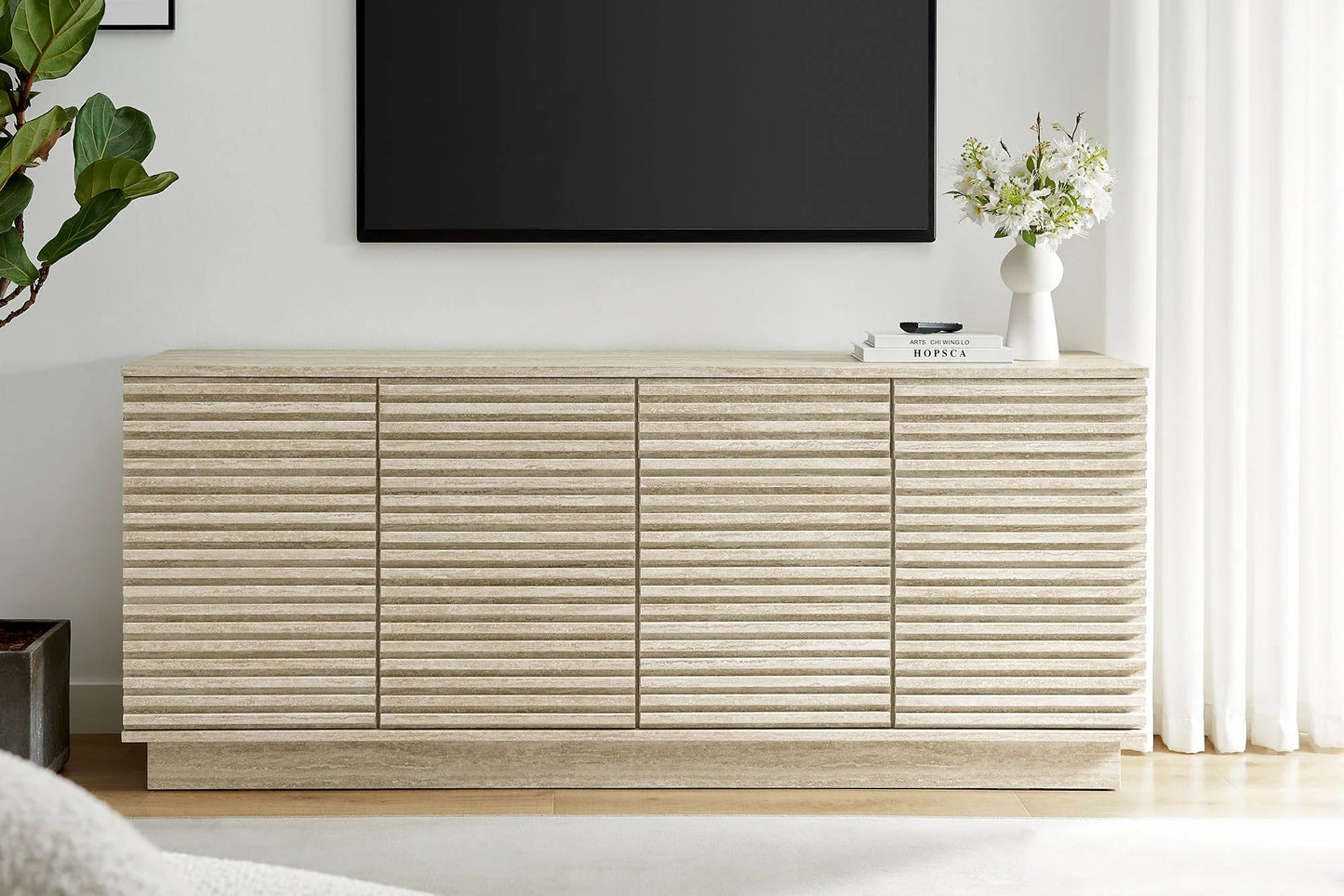 Render 70" Faux Travertine Sideboard Cabinet TV Stand in Travertine FREE SHIPPING.