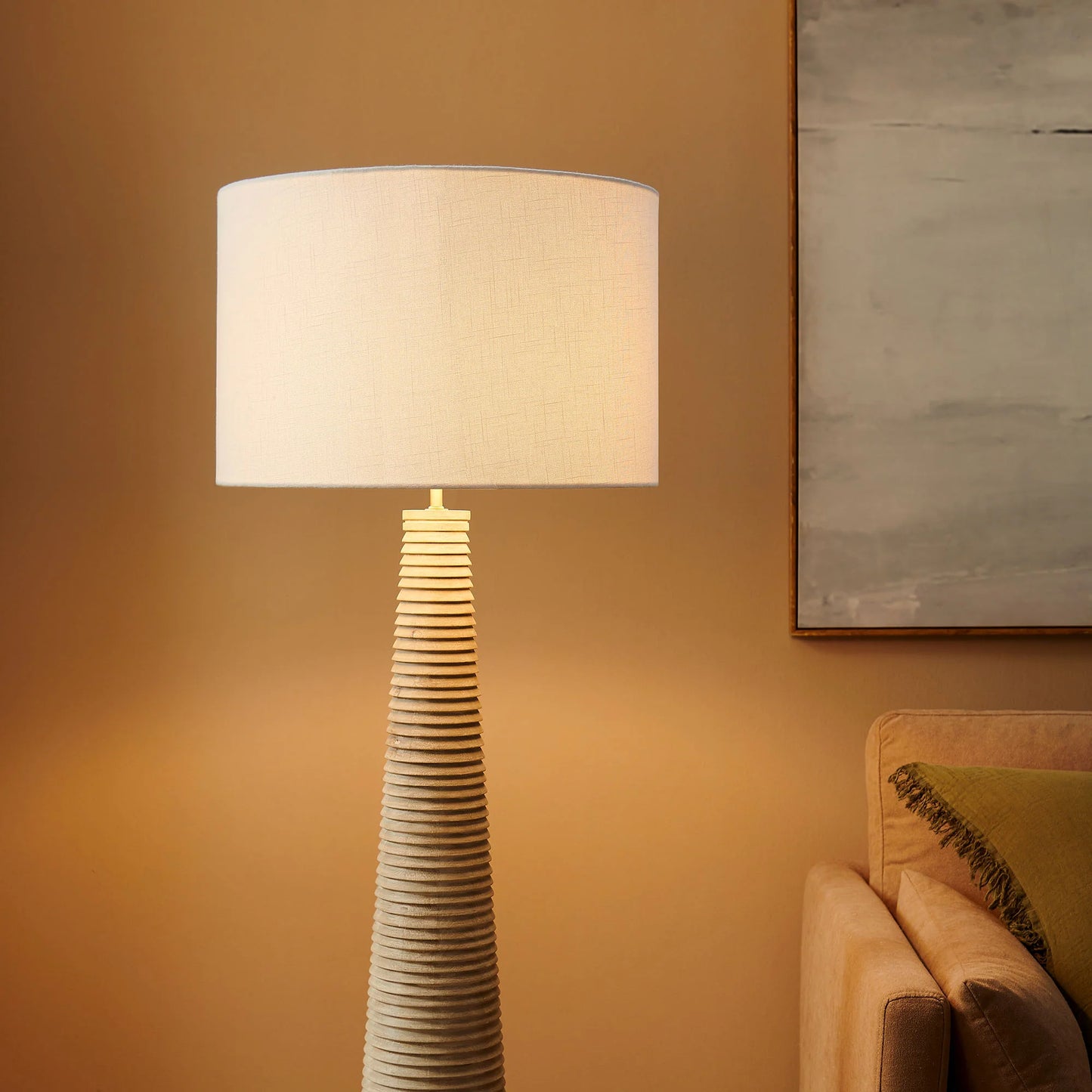 Saylor Carved Ribbed Wood Floor Lamp With Drum Shade in White Gray. - Venini Furniture 