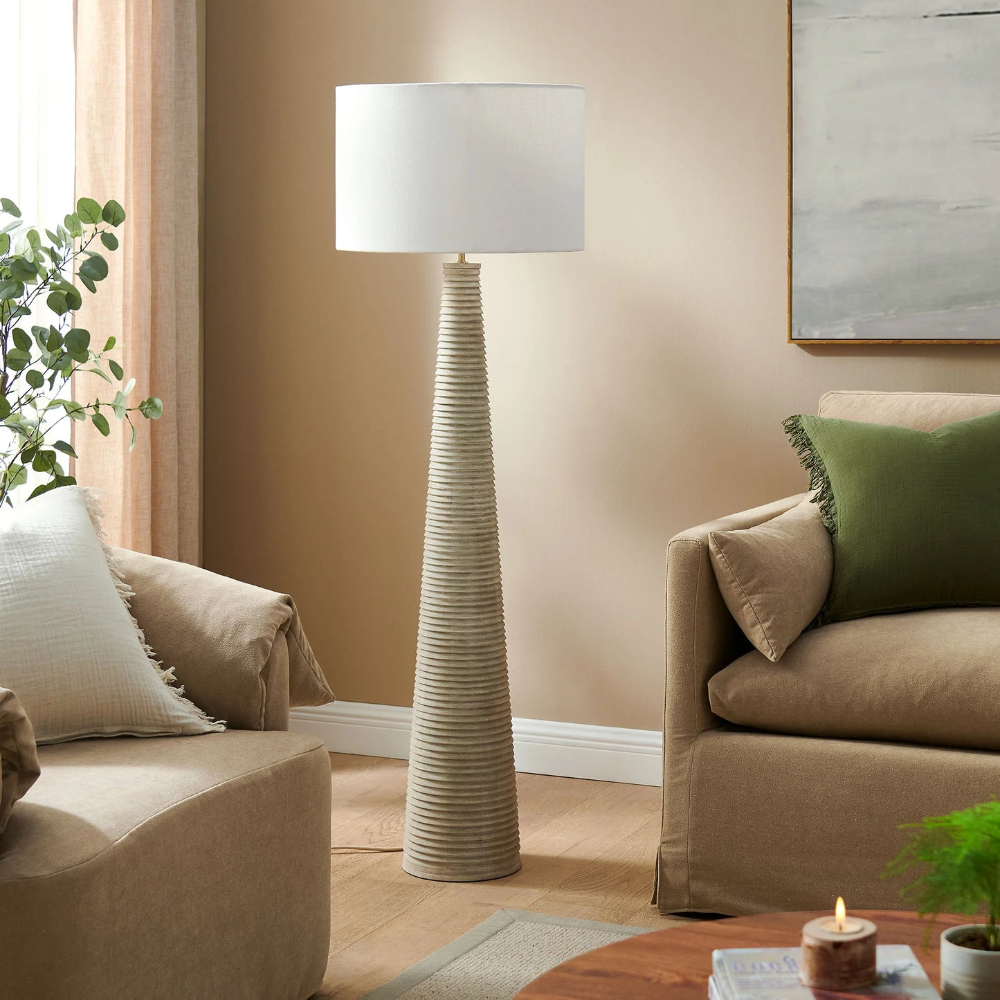 Saylor Carved Ribbed Wood Floor Lamp With Drum Shade in White Gray. - Venini Furniture 