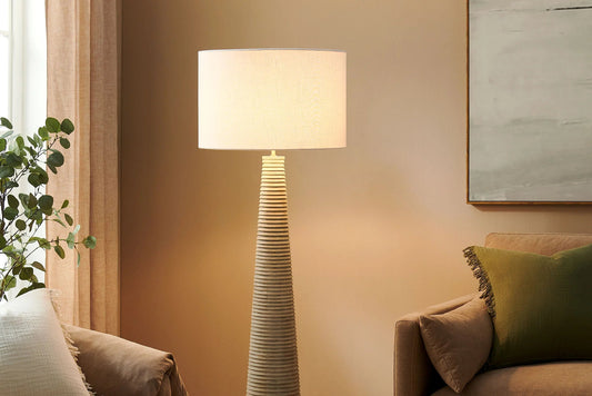 Saylor Carved Ribbed Wood Floor Lamp With Drum Shade in White Gray FREE SHIPPING.