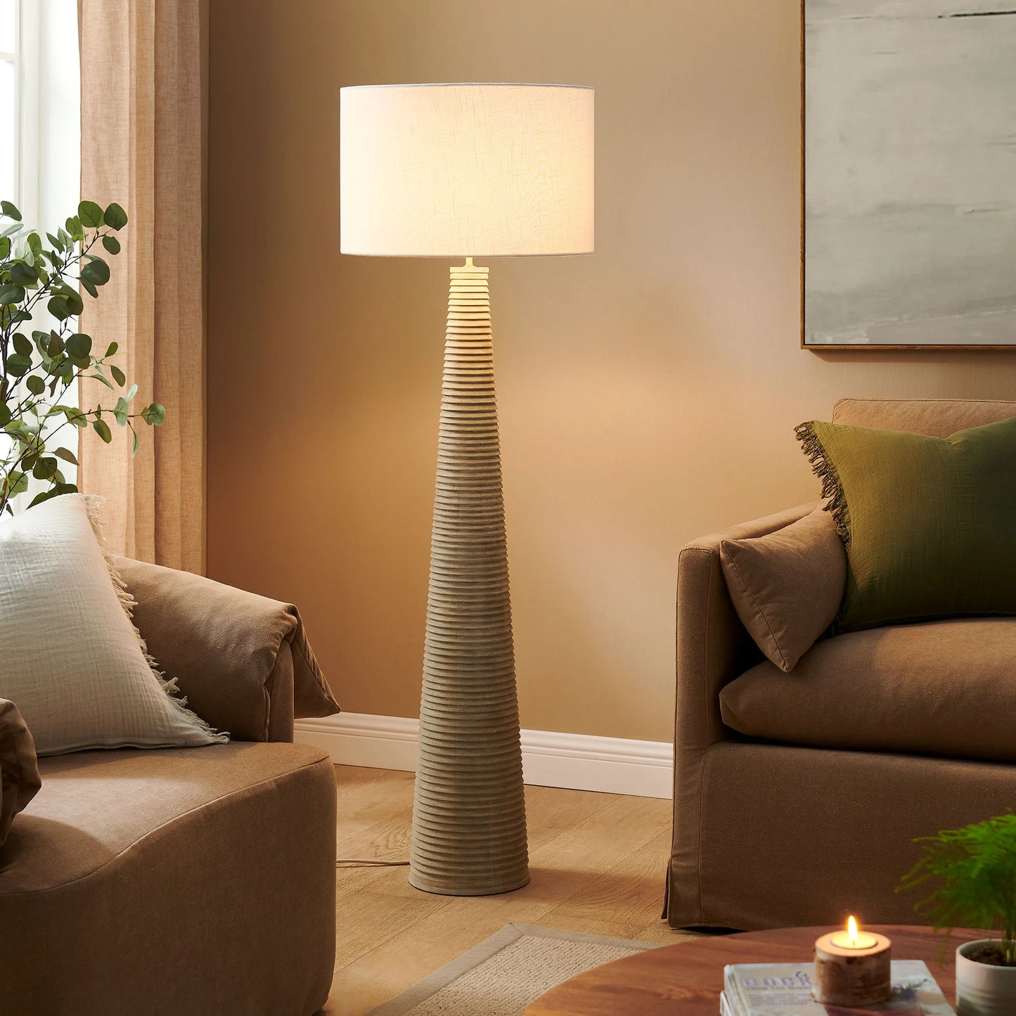 Saylor Carved Ribbed Wood Floor Lamp With Drum Shade in White Gray. - Venini Furniture 