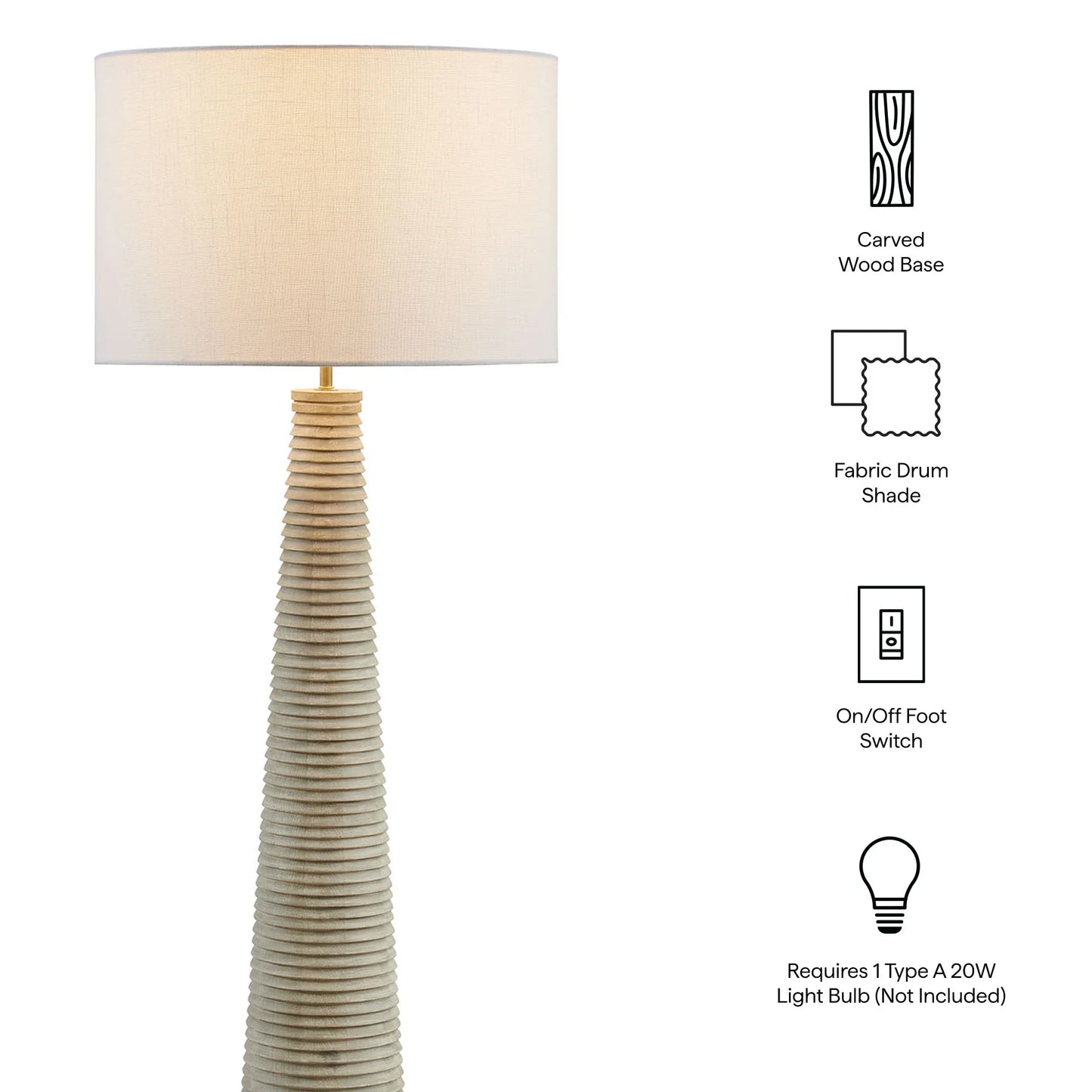 Saylor Carved Ribbed Wood Floor Lamp With Drum Shade in White Gray. - Venini Furniture 