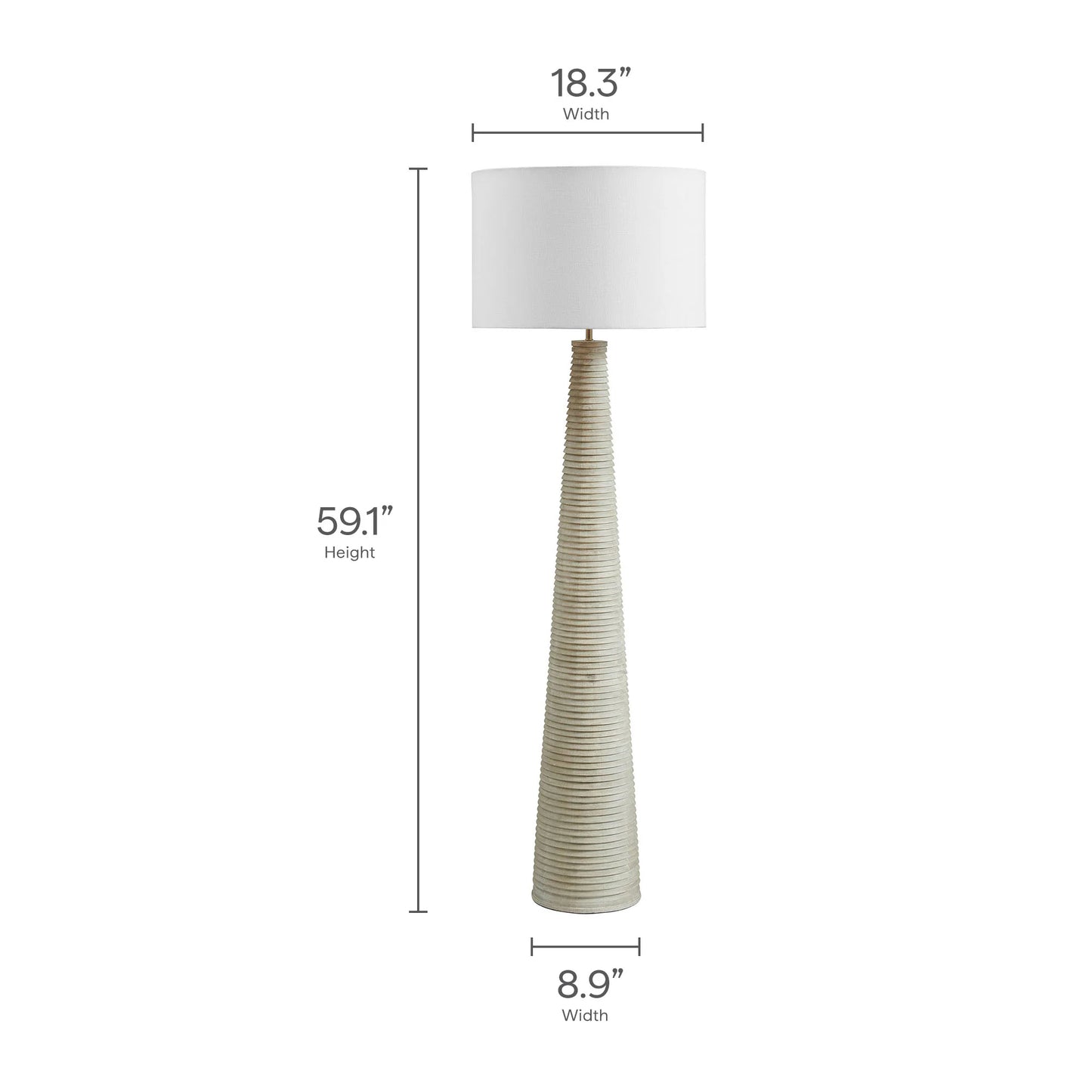 Saylor Carved Ribbed Wood Floor Lamp With Drum Shade in White Gray. - Venini Furniture 