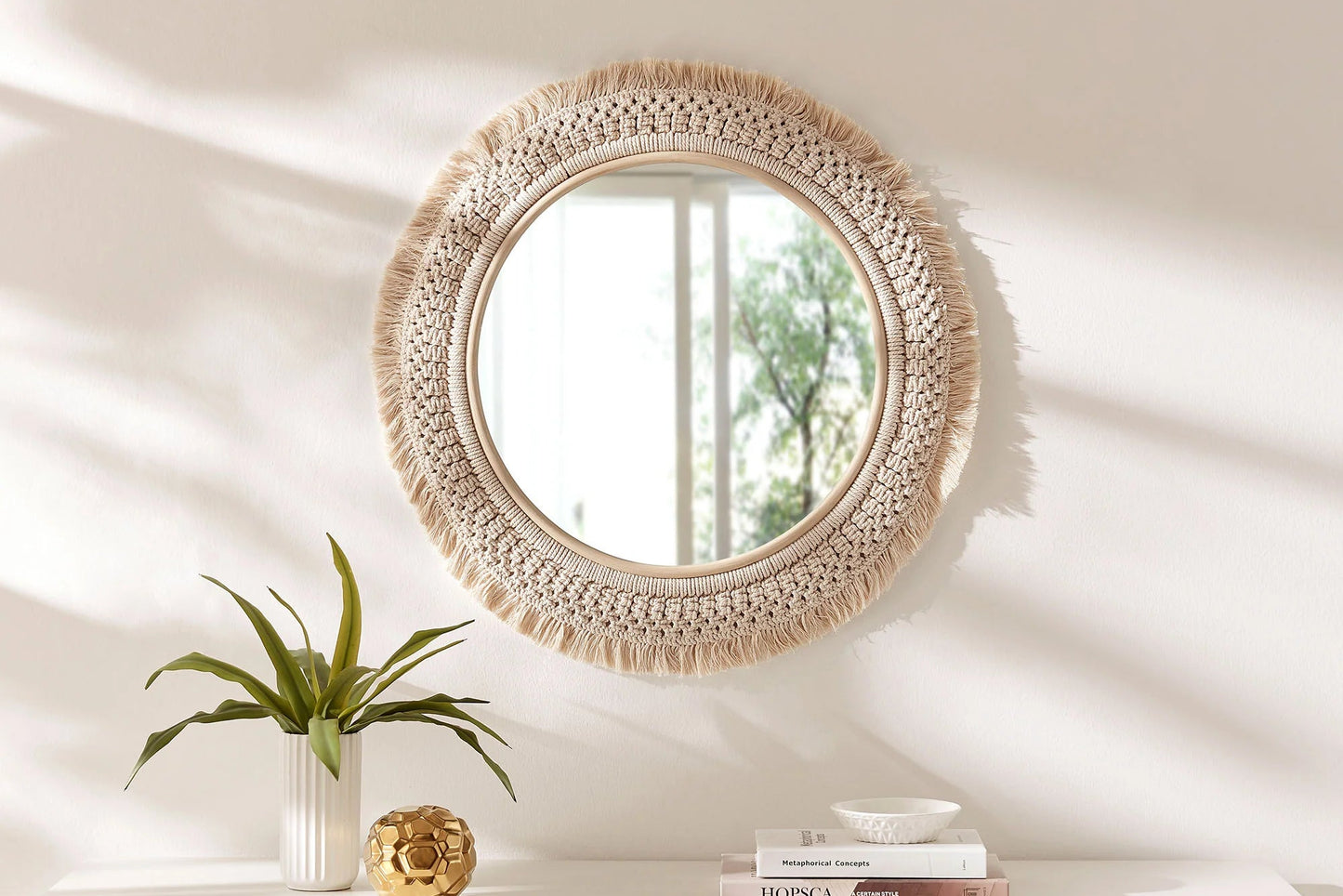 Jade Round Rattan Macrame Wall Mirror in Natural FREE SHIPPING.