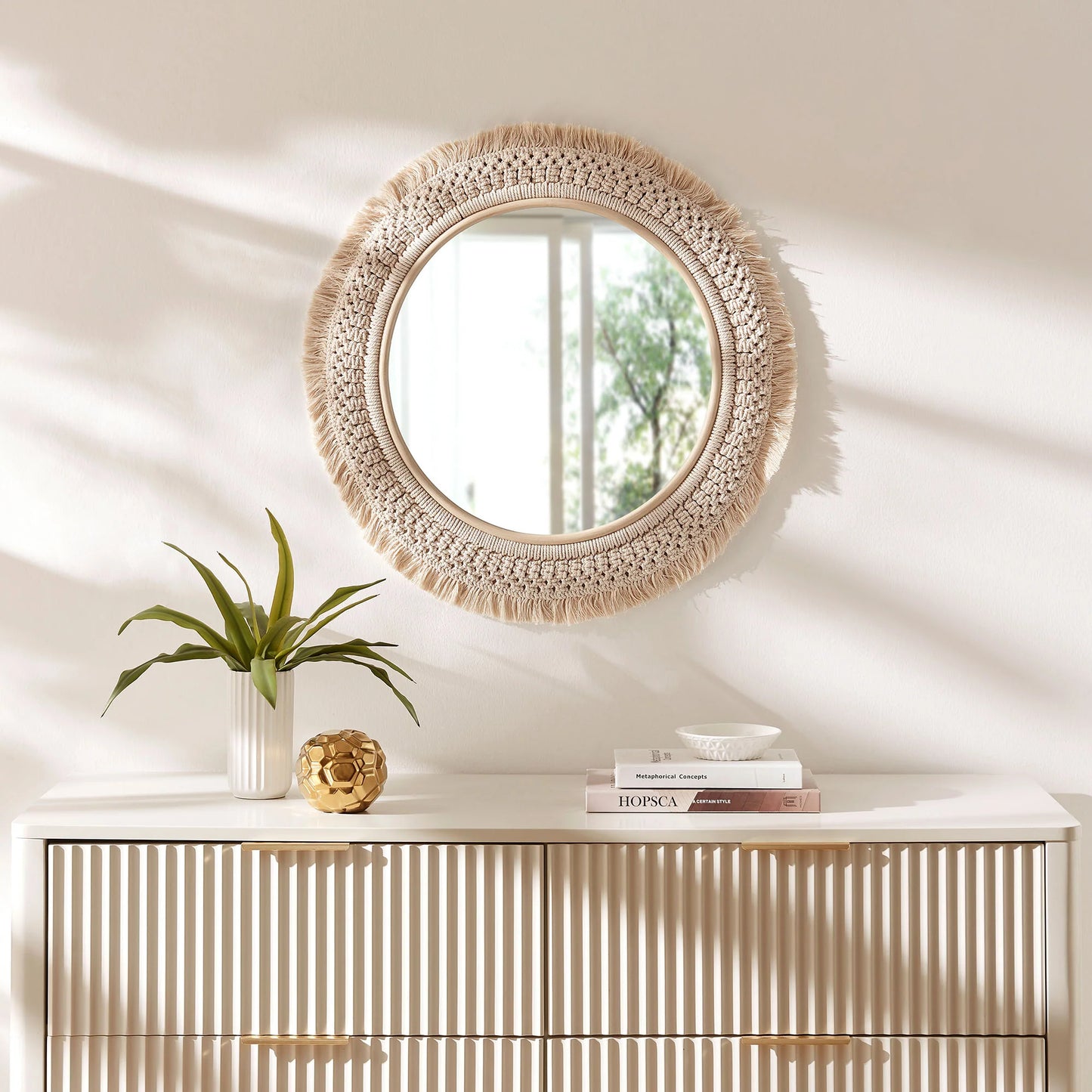 Jade Round Rattan Macrame Wall Mirror in Natural FREE SHIPPING.